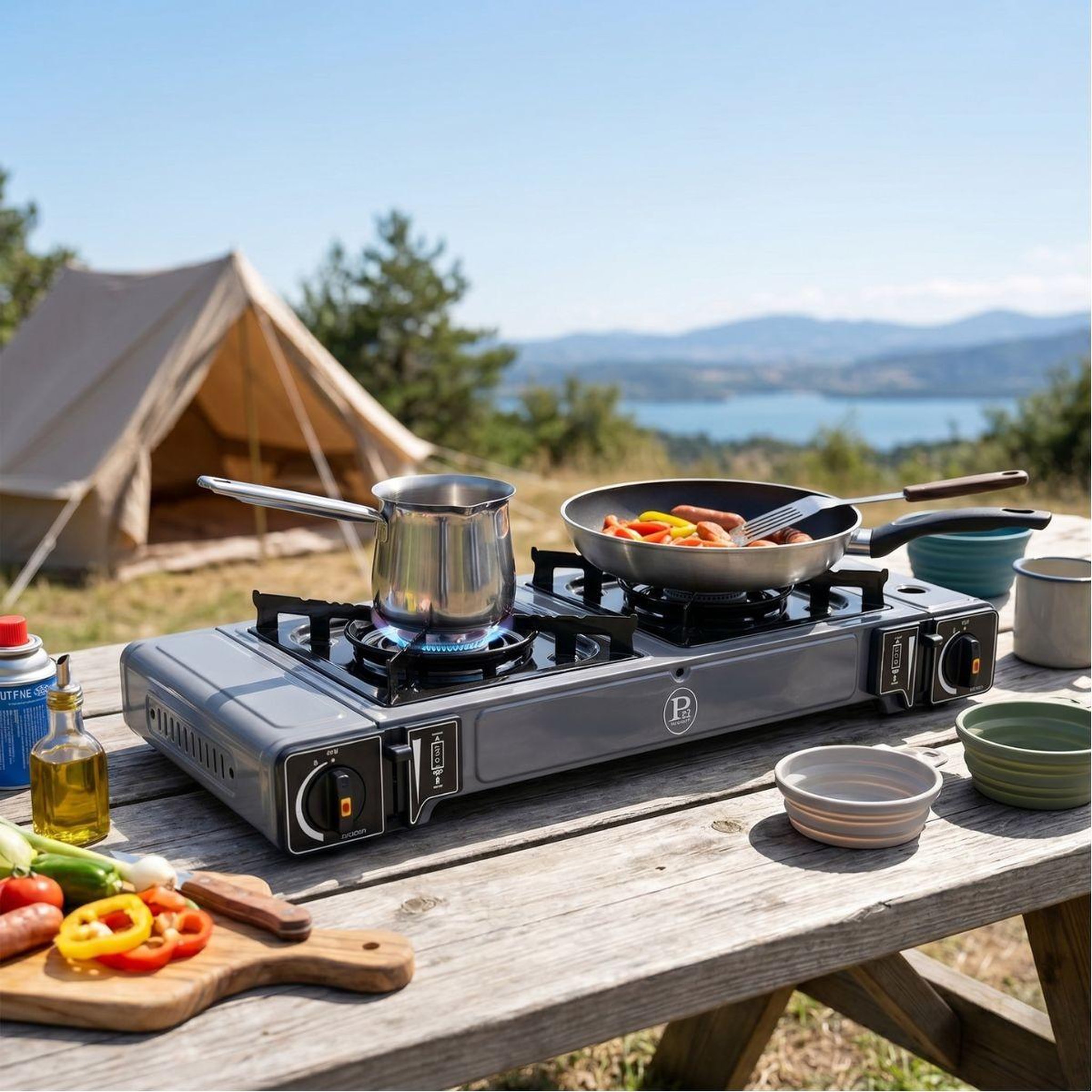 Voir la diapositive 6 : INTEC Réchaud à gaz 2 feux 3800w allumage piezo + 8 cartouches gaz butane - cuisinière à gaz portable camping cuisine extérieure intec