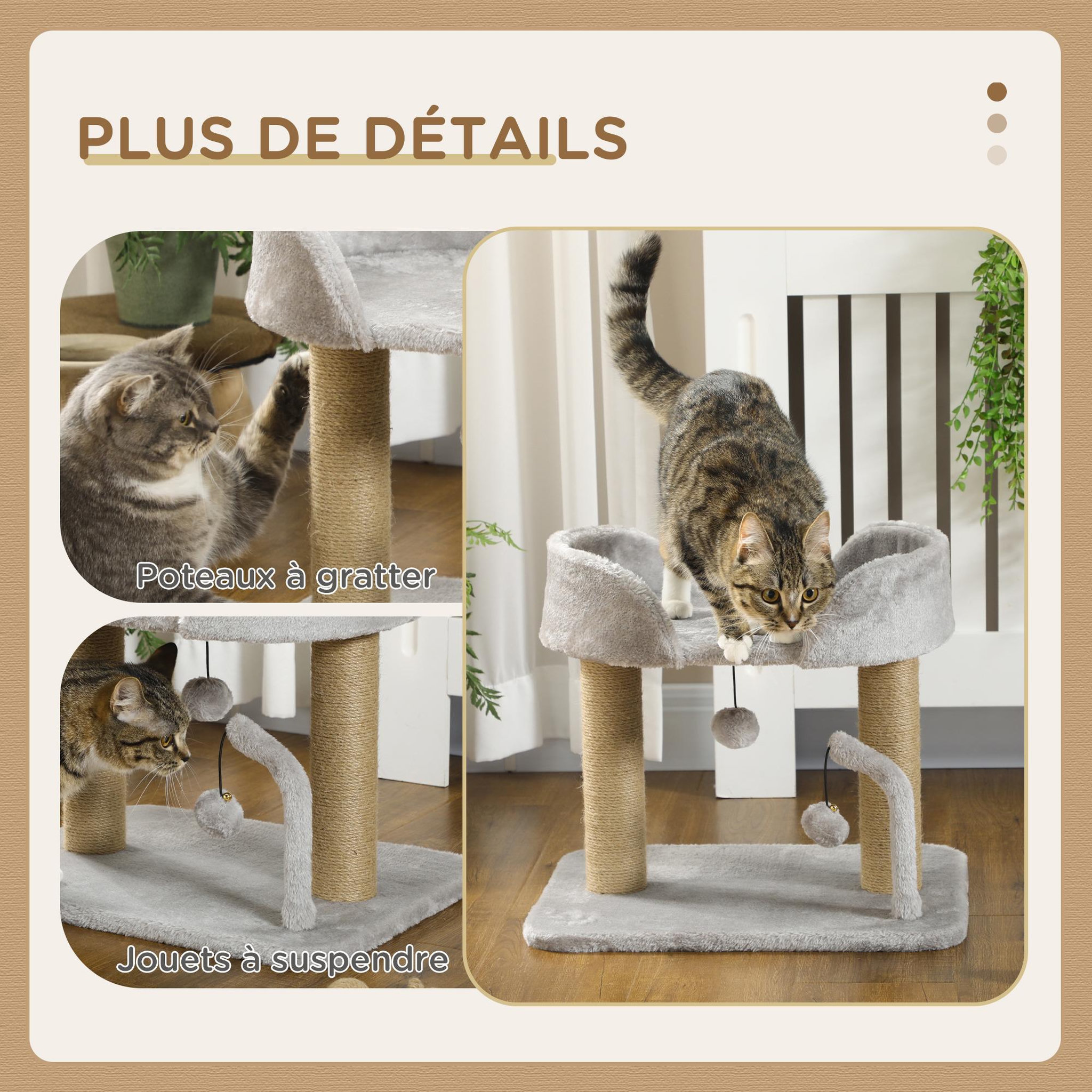 Voir la diapositive 5 : PAWHUT Arbre à chat 2 griffoirs jute naturelle panier jeu 2 boules suspendues avec clochettes peluche grise