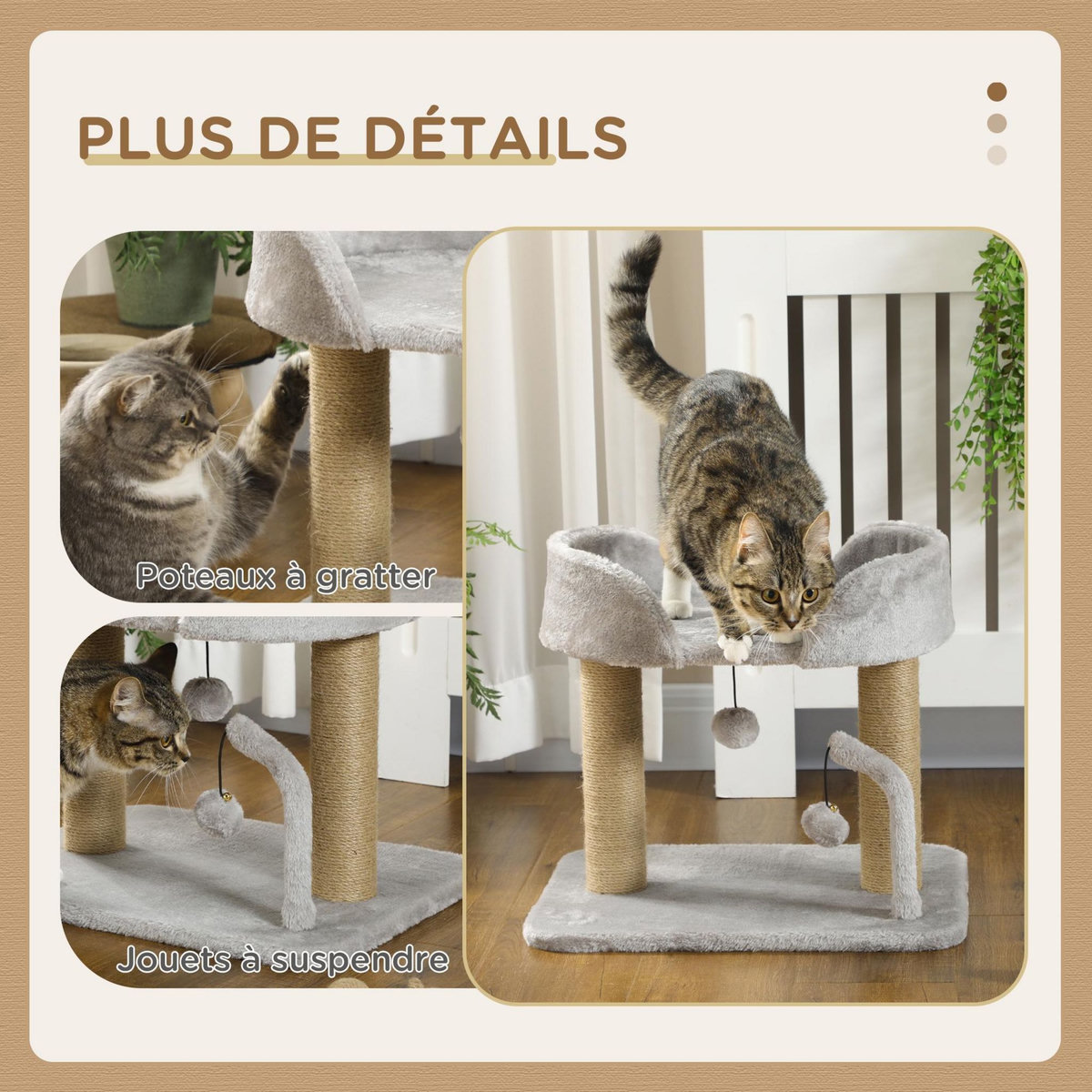 PAWHUT Arbre à chat 2 griffoirs jute naturelle panier jeu 2 boules suspendues avec clochettes peluche grise