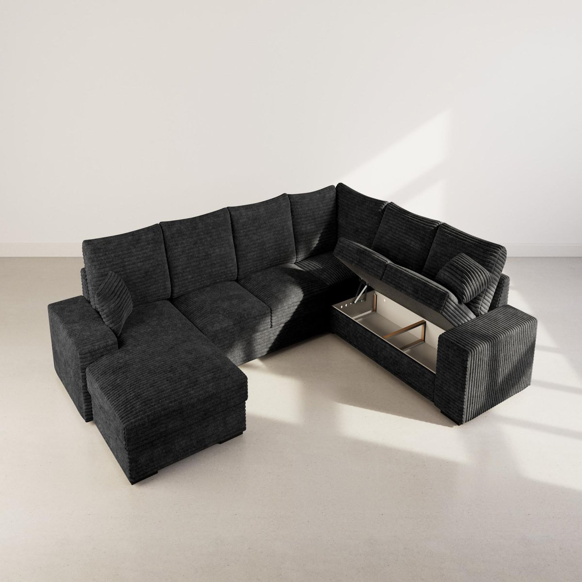 BEST MOBILIER Lorie - canapé panoramique d'angle droit 7 places convertible en velours côtelé grosse côte avec coffre