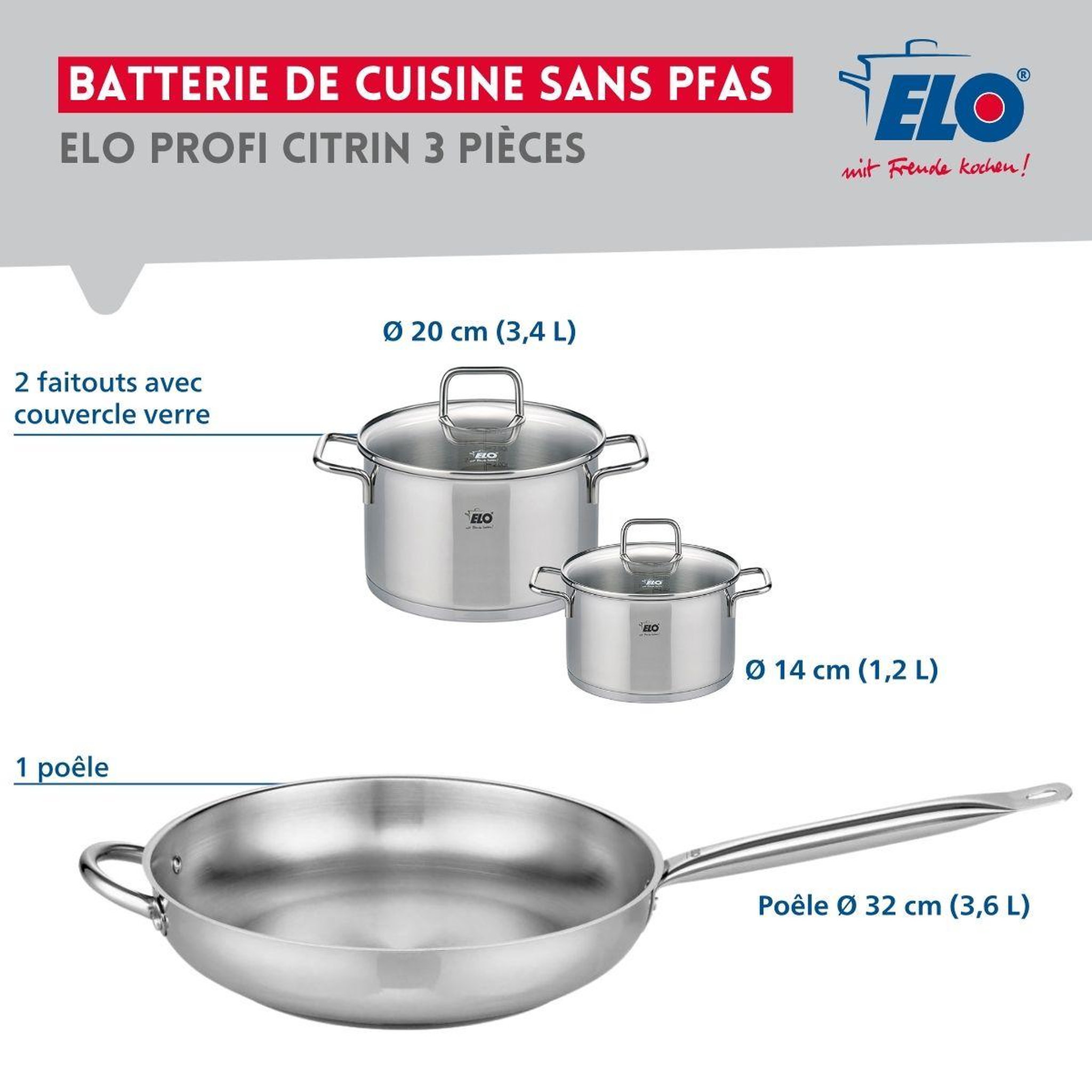 Voir la diapositive 2 : ELO Ensemble de 1 poêle de cuisson 32 cm et 2 faitouts 14 et 20 cm elo profi citrin