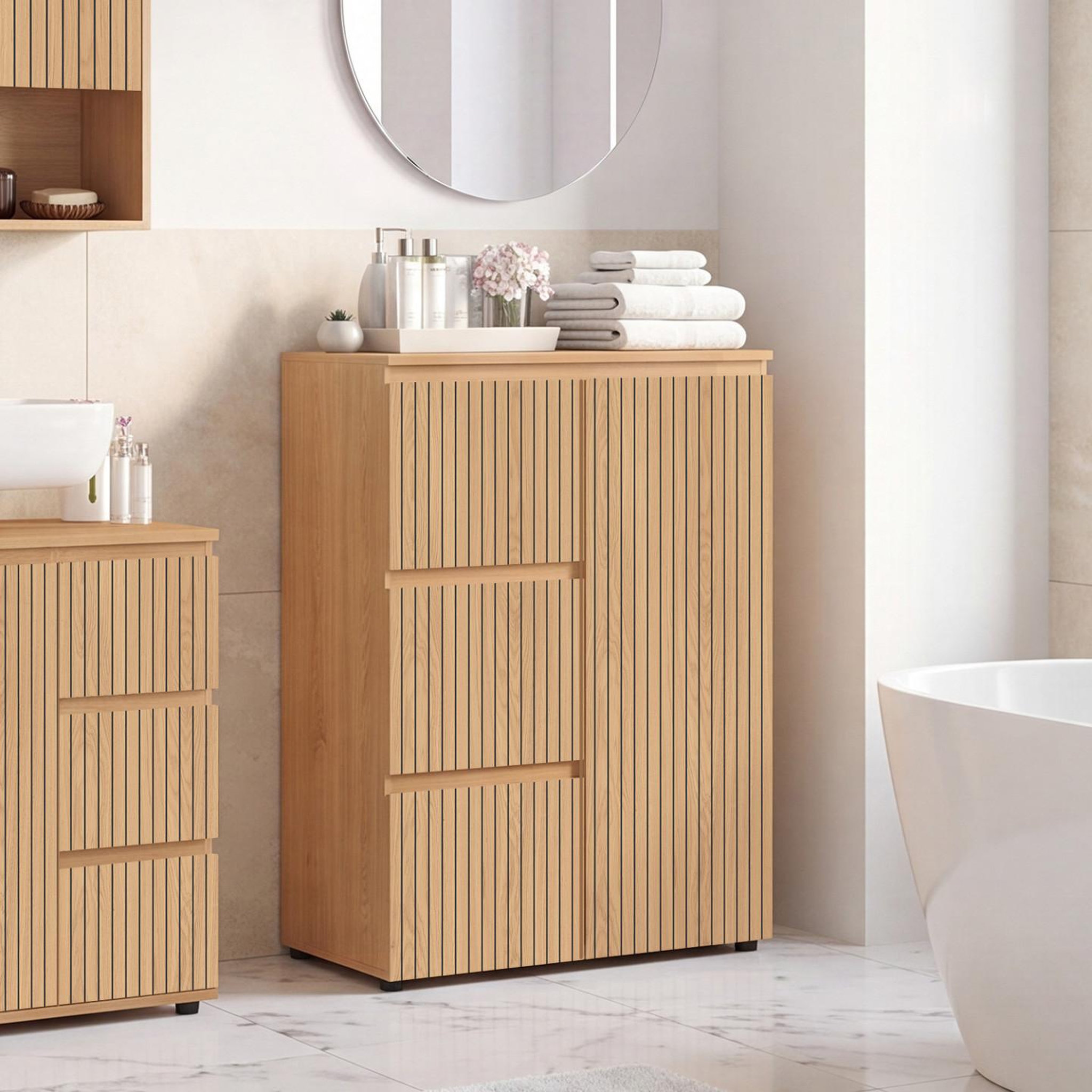 Voir la diapositive 2 : ID MARKET Meuble de rangement salle de bain victor 3 tiroirs avec placard effet lattes