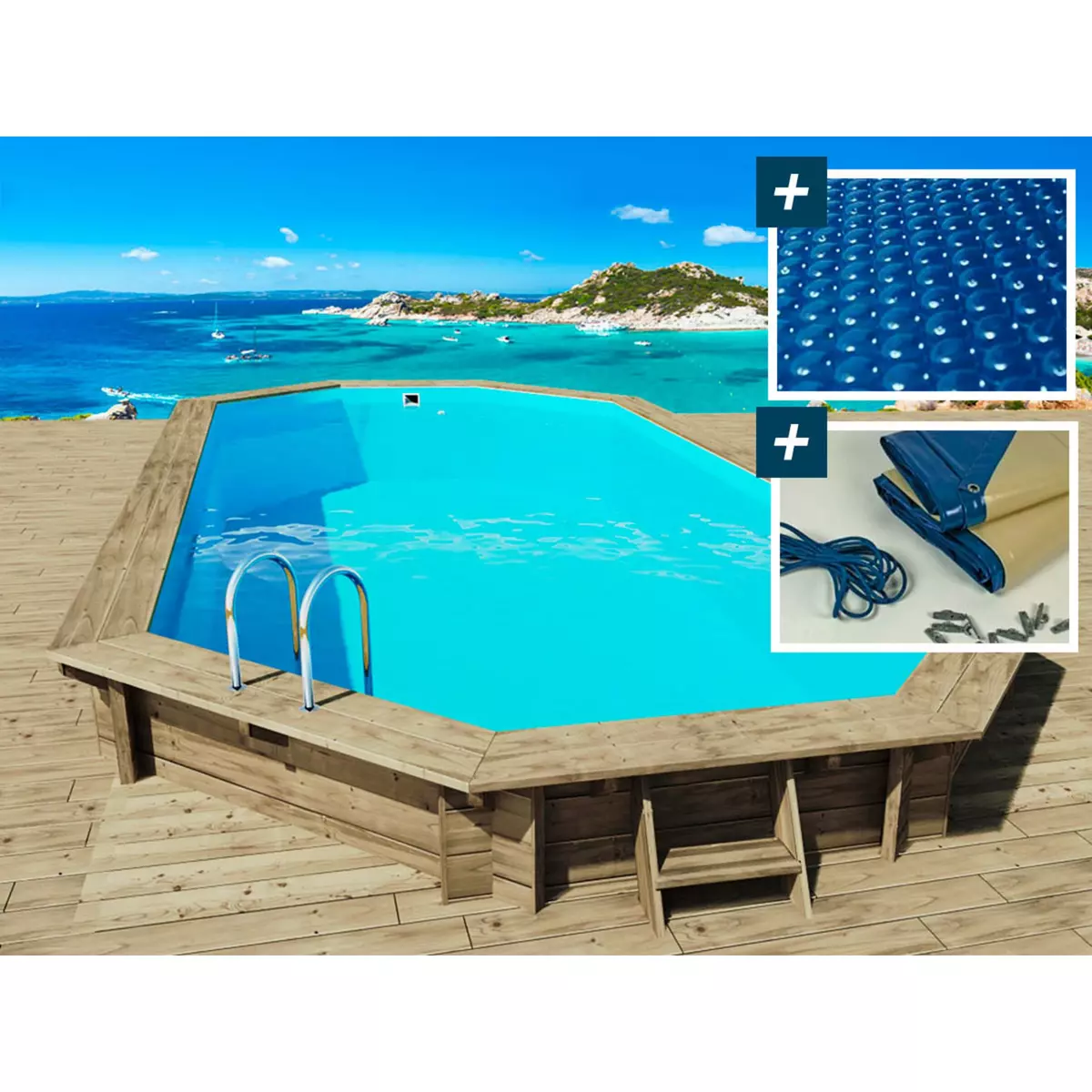 Habitat et Jardin Piscine bois   Ibiza   - 8.57 x 4.57 x 1.31 m - Bâche à bulles  180 µ - Bâche hiver  280 g/m²
