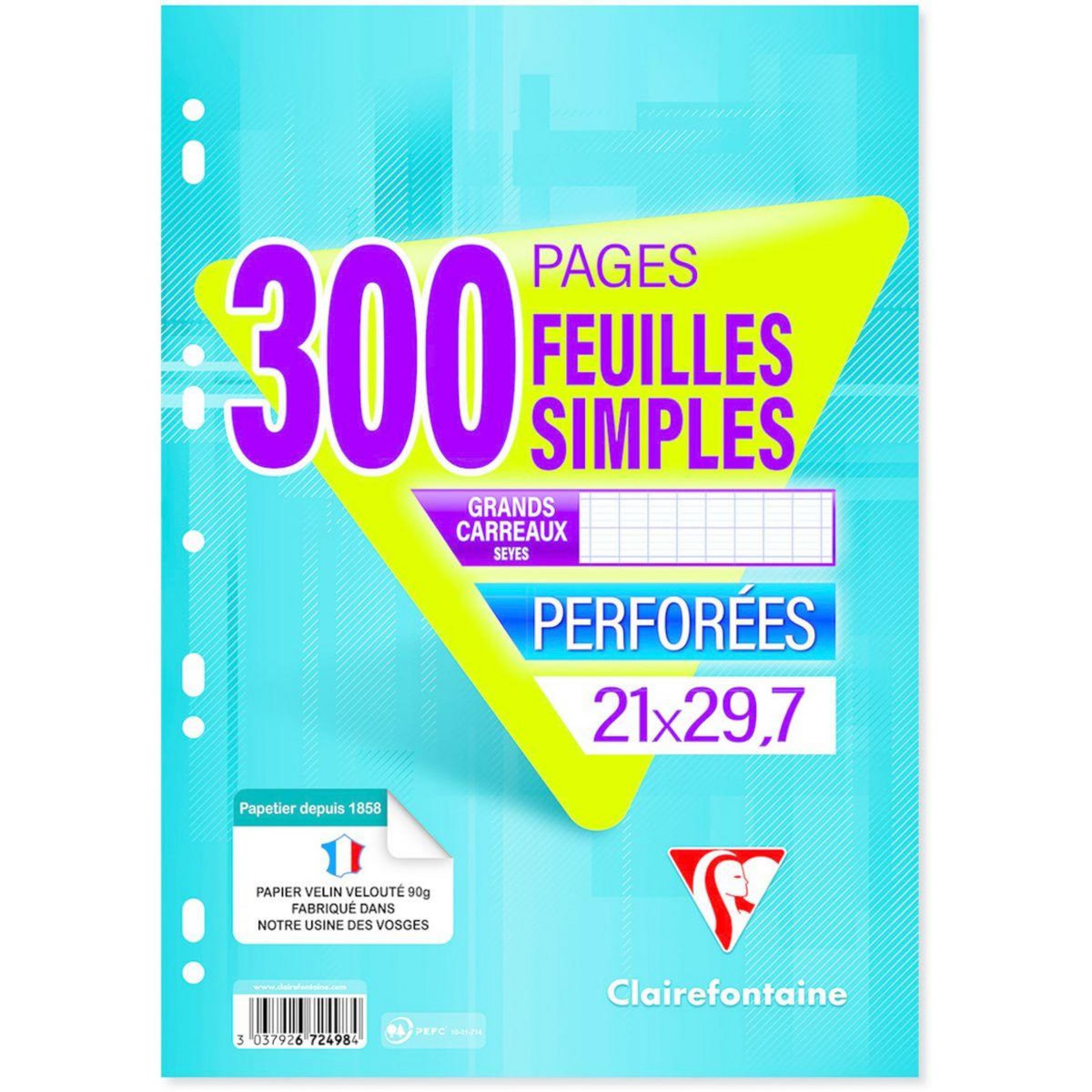 CLAIREFONTAINE Feuilles simples 300 pages 21x29,7cm grands carreaux Seyes perforées