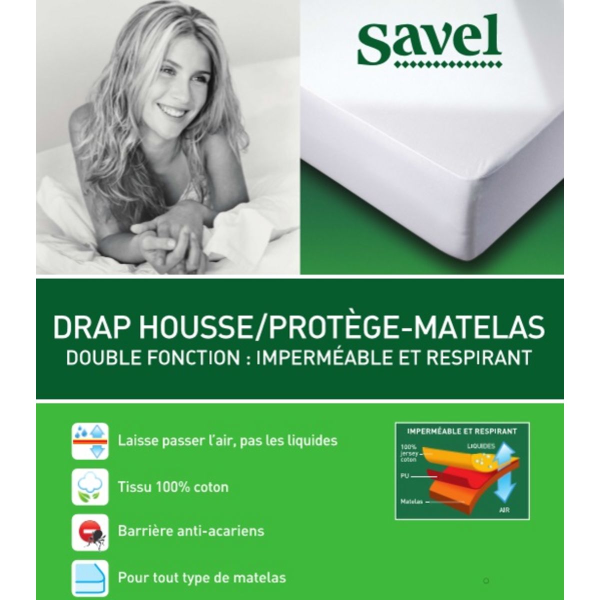 SAVEL Protège matelas en coton imperméable et respirant anti-acariens