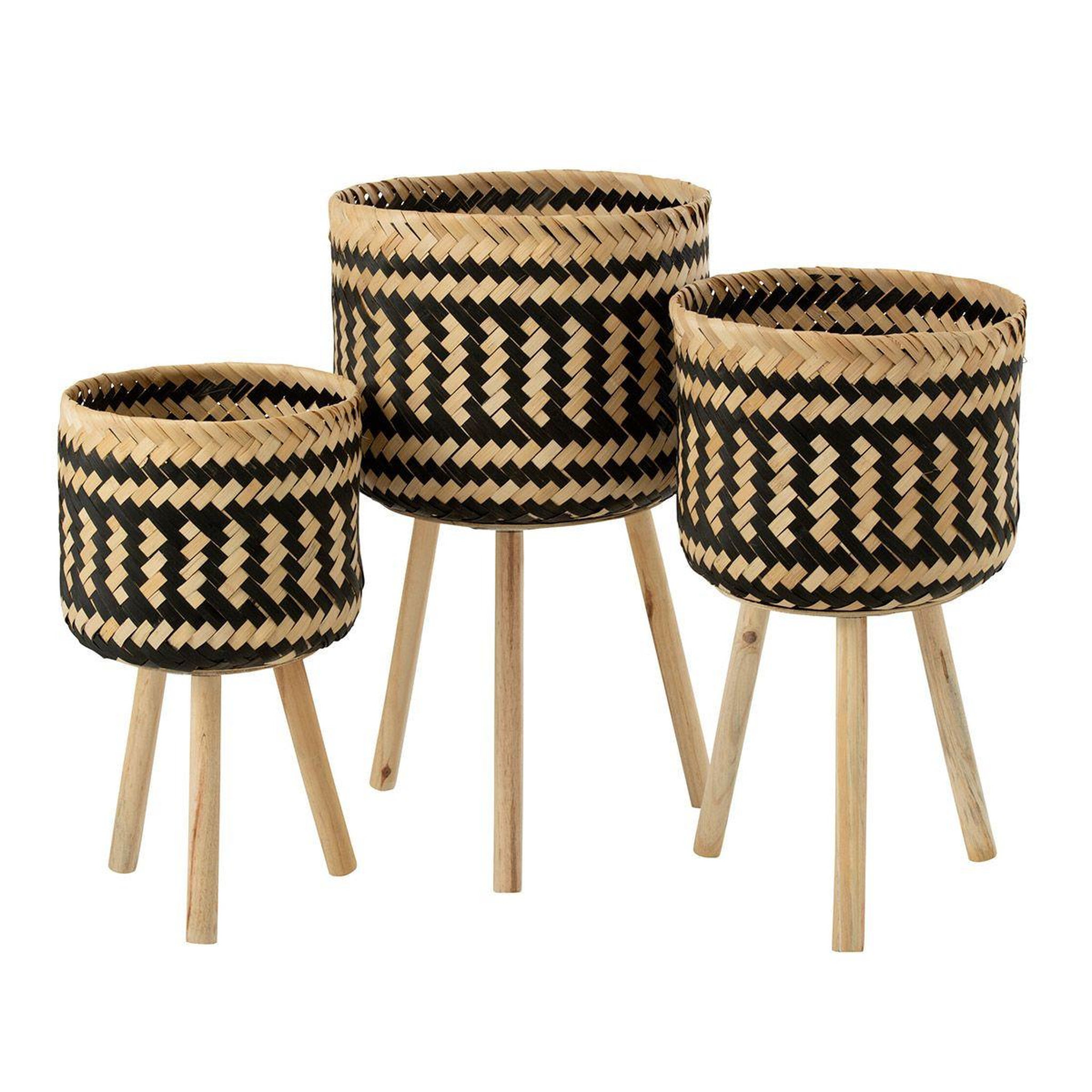 Voir la diapositive 1 : J-LINE Lot de 3 cache-pots sur pied  baudoin  66cm naturel & noir