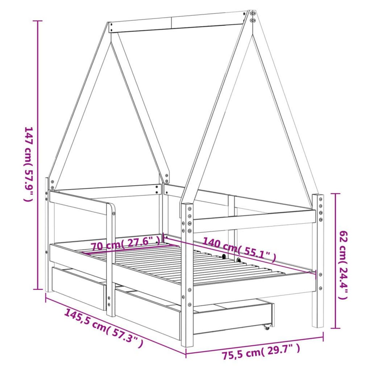 VIDAXL Cadre de lit enfant avec tiroirs noir 70x140 cm bois pin massif