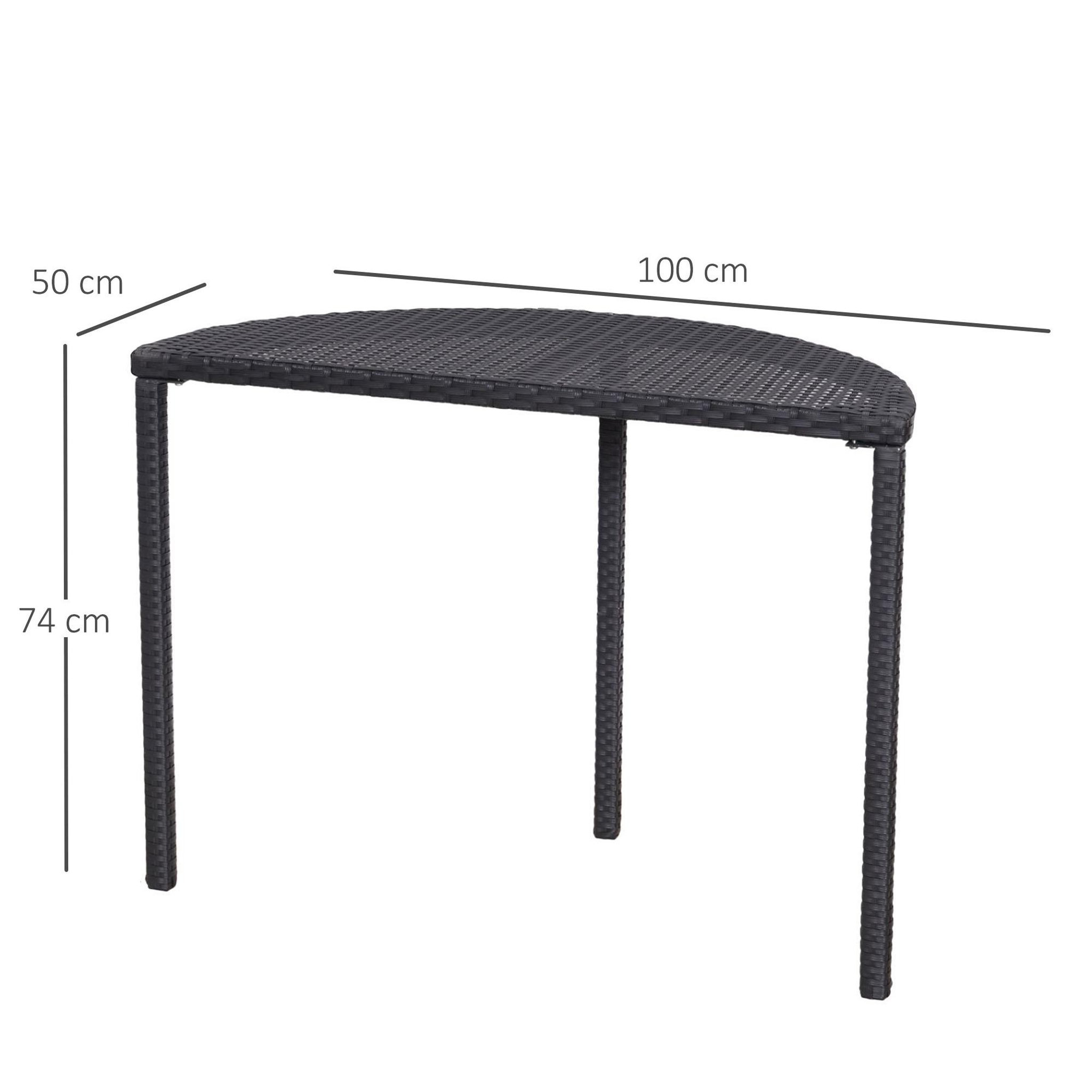 Voir la diapositive 3 : OUTSUNNY Table de jardin demi cercle - table de balcon demi lune - dim. 100L x 50l x 74H cm résine tressée 4 fils imitation rotin noir