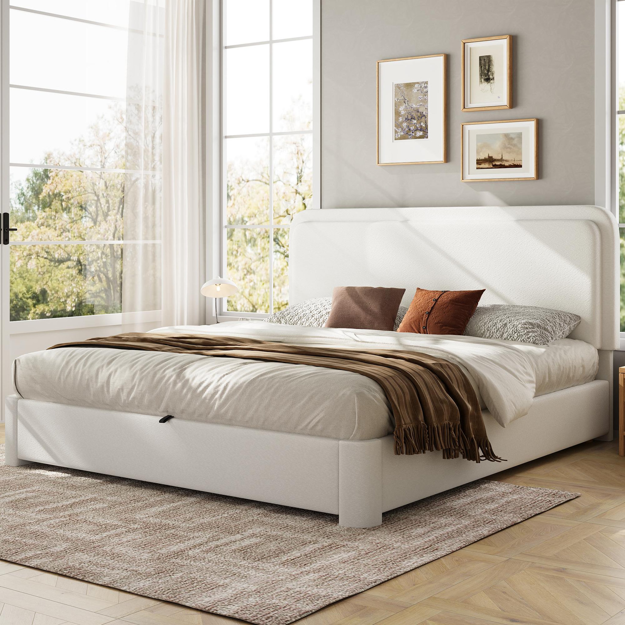 Voir la diapositive 4 : MERAX Lit double 160x200 cm avec coffre rangement tête de lit réglable bouclé blanc