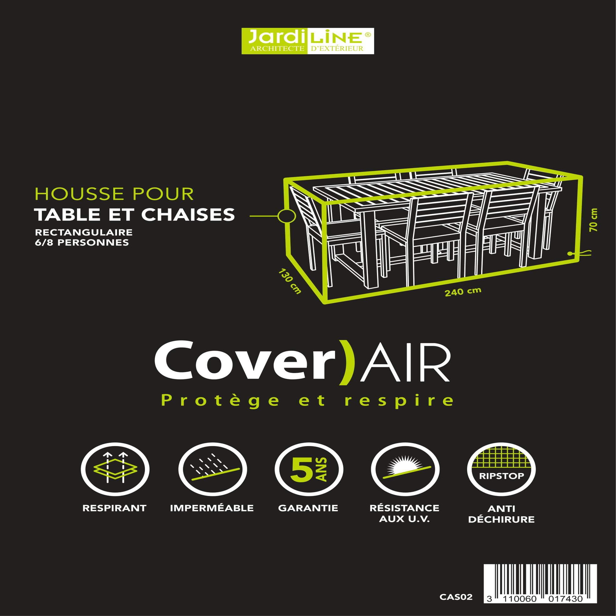 Voir la diapositive 3 : Jardiline Housse TABLE RECTANGULAIRE + CHAISES 6/8 pers. - 240 x 130 x 70 cm - Cover Air