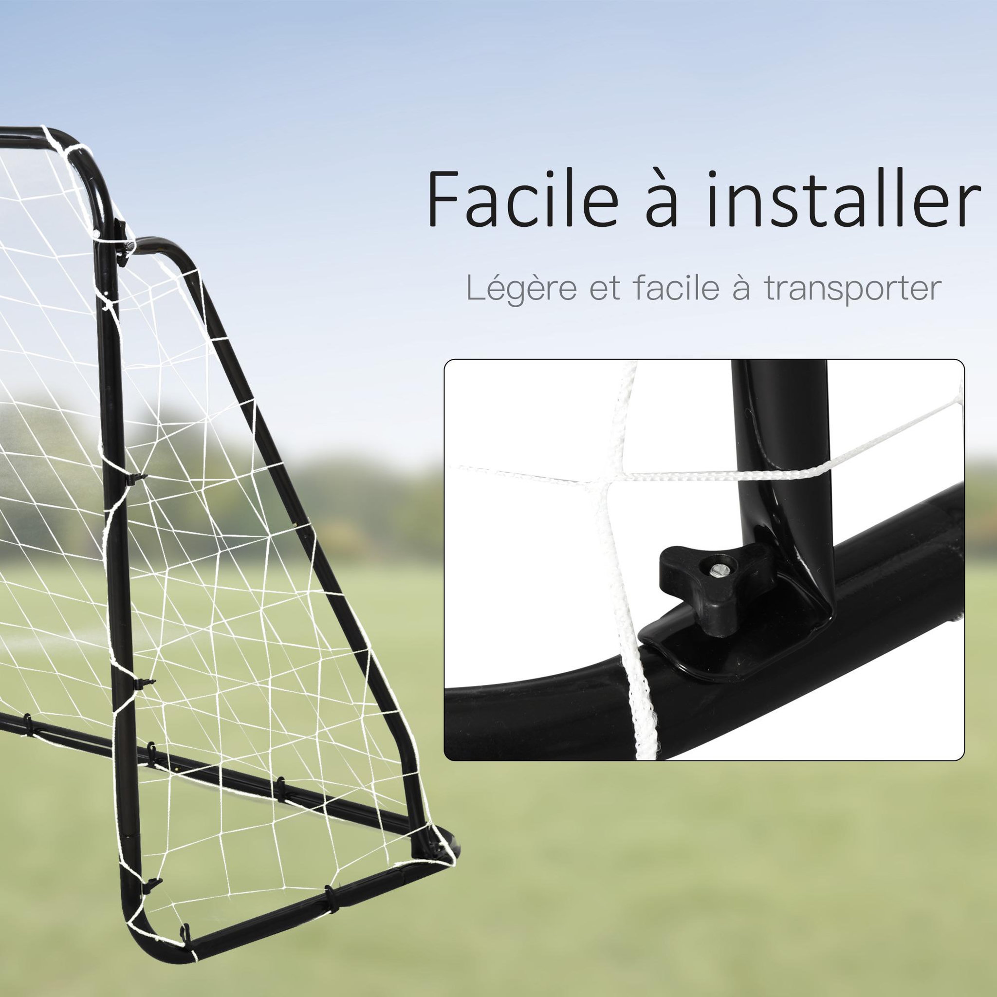 Voir la diapositive 4 : HOMCOM But de football - cage de foot - but futsal dim. 203l x 81l x 120h cm - châssis métal époxy filet polyester - piquets inclus - noir