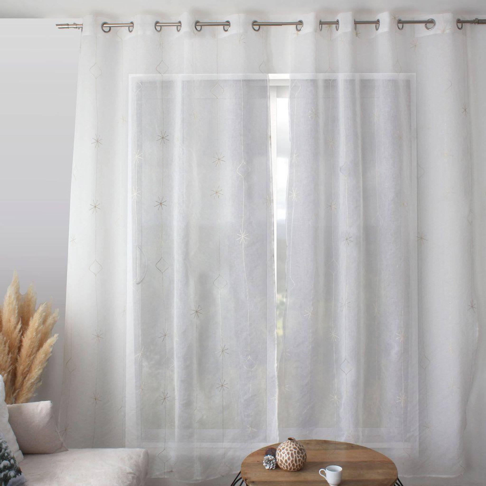 ENJOY HOME Rideau voilage brodé  noël  140x240cm blanc & or