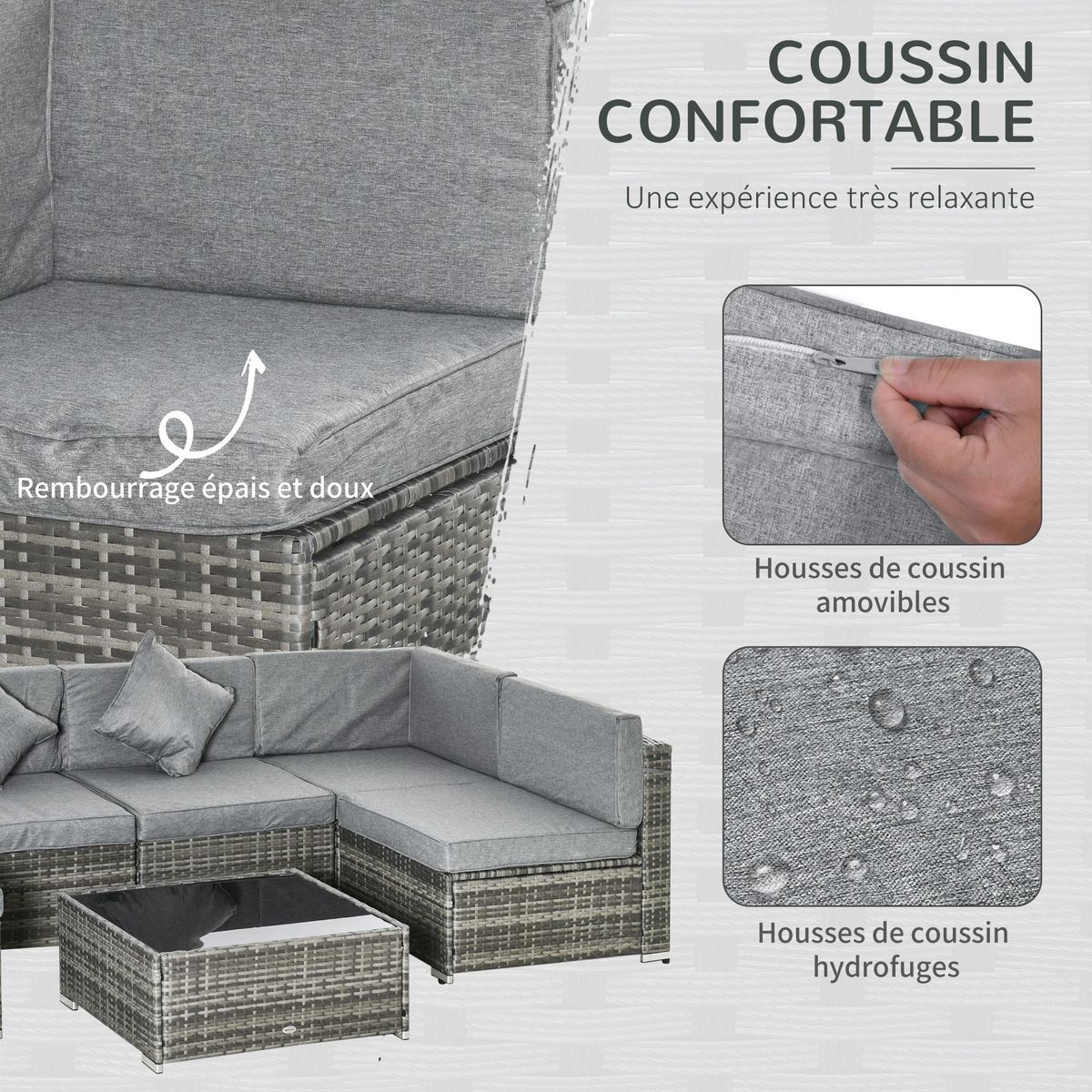 OUTSUNNY Ensemble salon de jardin 7 pièces modulables - table basse plateau verre trempé, coussins déhoussables - résine tressée grise
