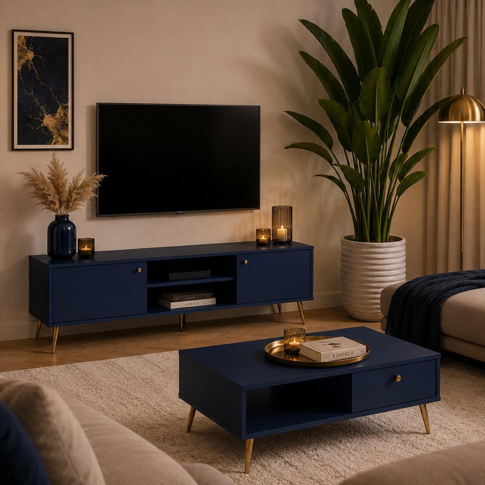 Voir la diapositive 2 : JLC KREATION Meuble tv moderne bleu foncé et pied or ezia