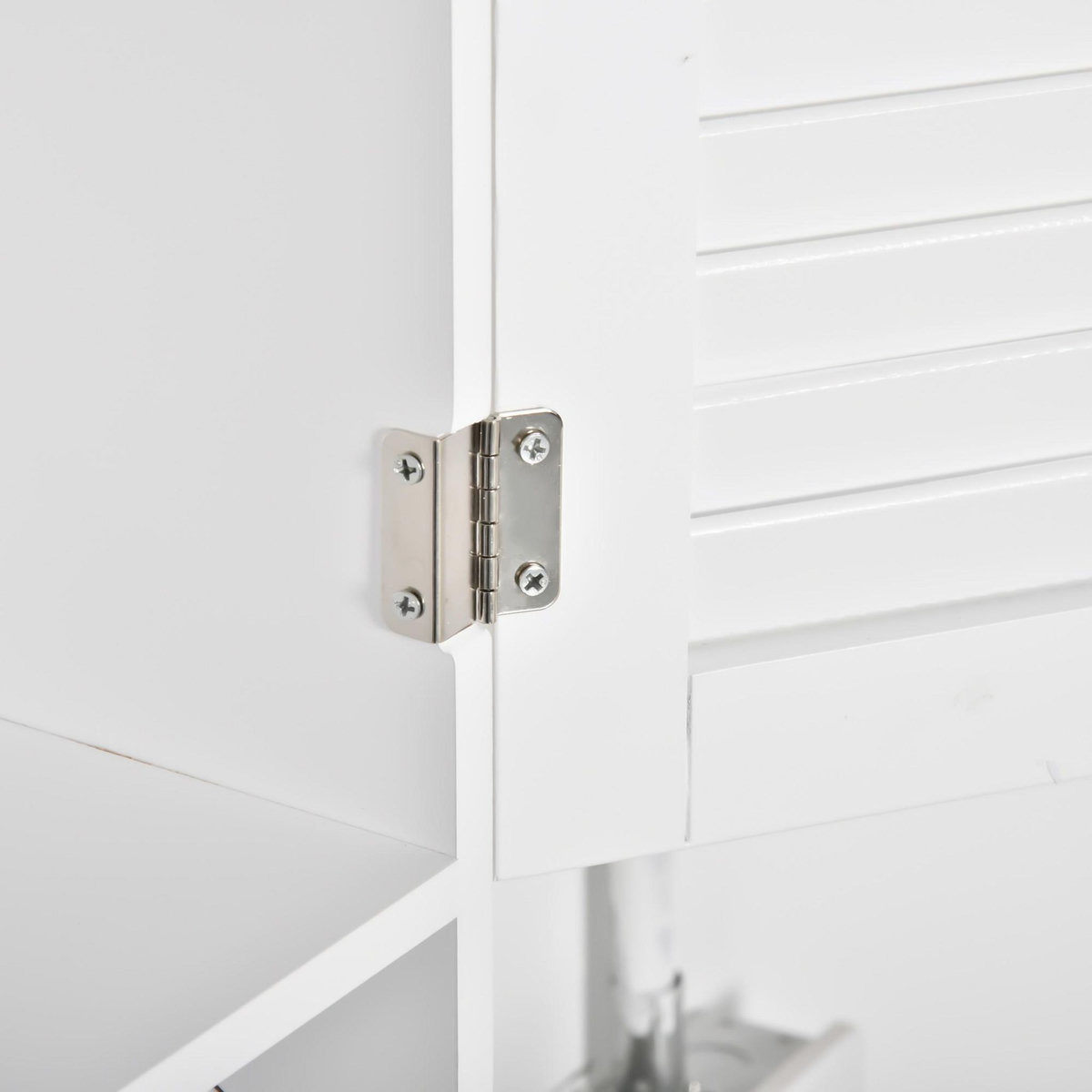 KLEANKIN Armoire haute murale salle de bain ou WC - placard 2 portes persiennes avec étagère - porte-serviette - MDF blanc