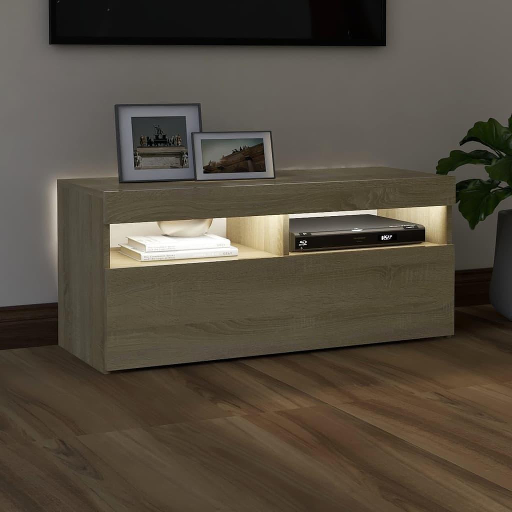 Voir la diapositive 3 : VIDAXL Meuble TV avec lumieres LED chene sonoma 90x35x40 cm