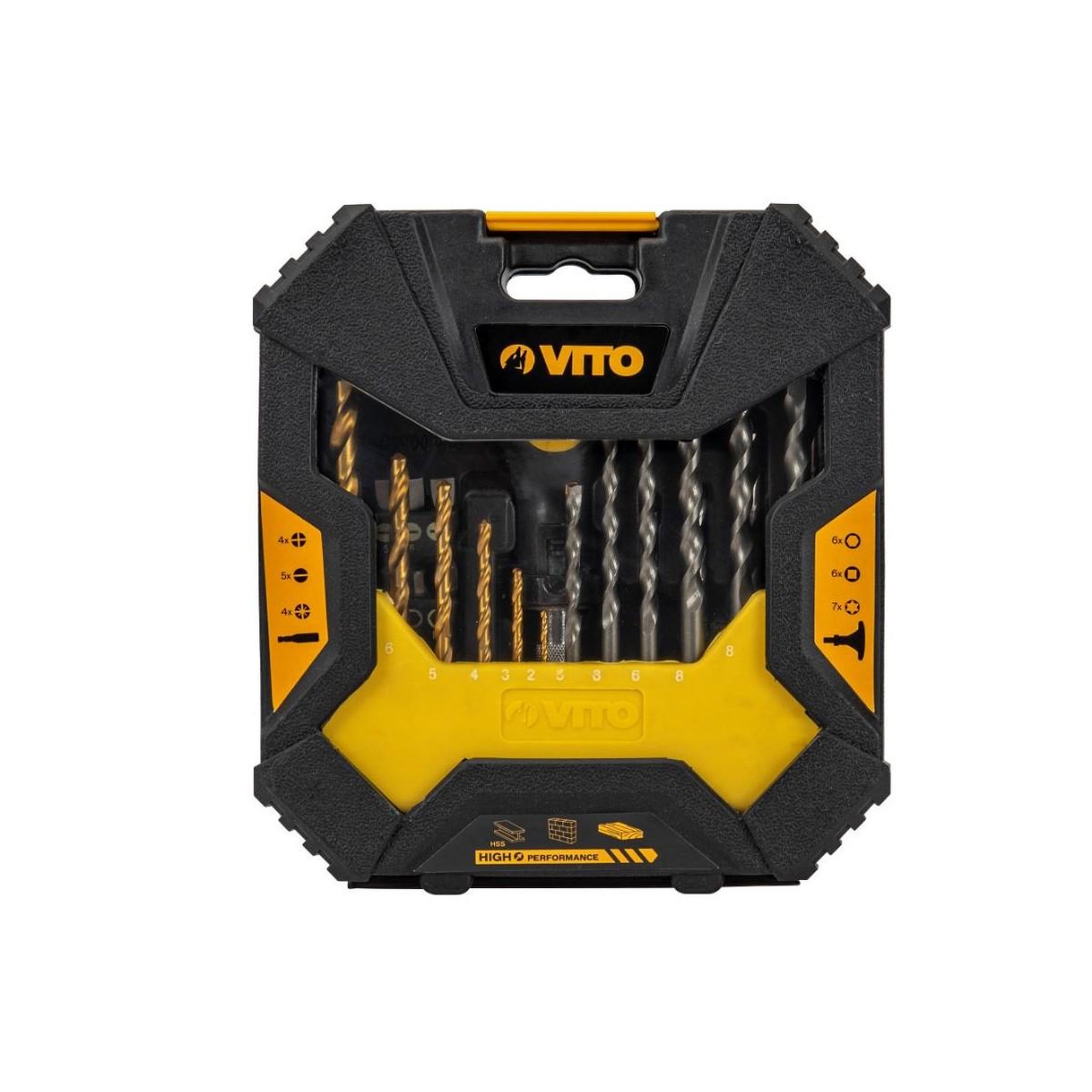 Voir la diapositive 4 : VITO Pro-Power Perceuse à percussion 1050W  + Coffret 50 pièces Forets et embouts  + Boite à outils 18  VITO
