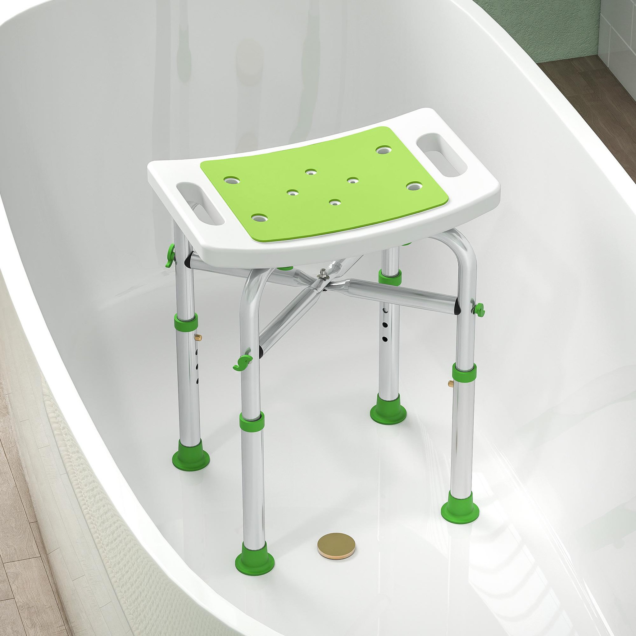 Voir la diapositive 2 : HOMCOM Siège de douche réglable en hauteur tabouret de douche ergonomique pieds antidérapants charge max. 150 kg alu hdpe blanc vert