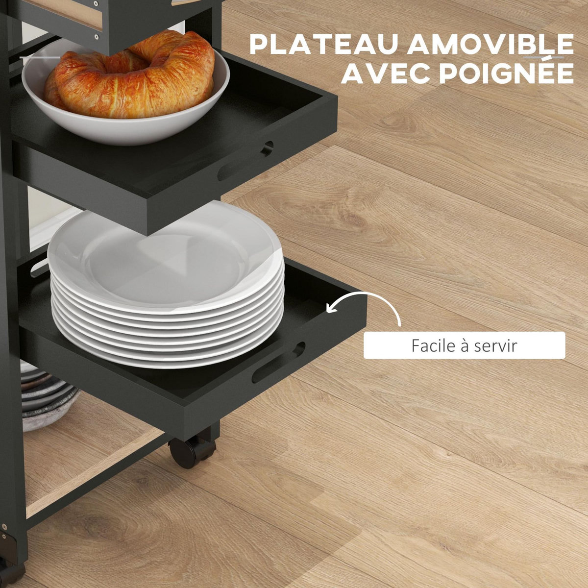 HOMCOM Chariot de service desserte de cuisine à roulettes 2 plateaux amovibles, tiroir, étagère MDF chêne clair bois pin