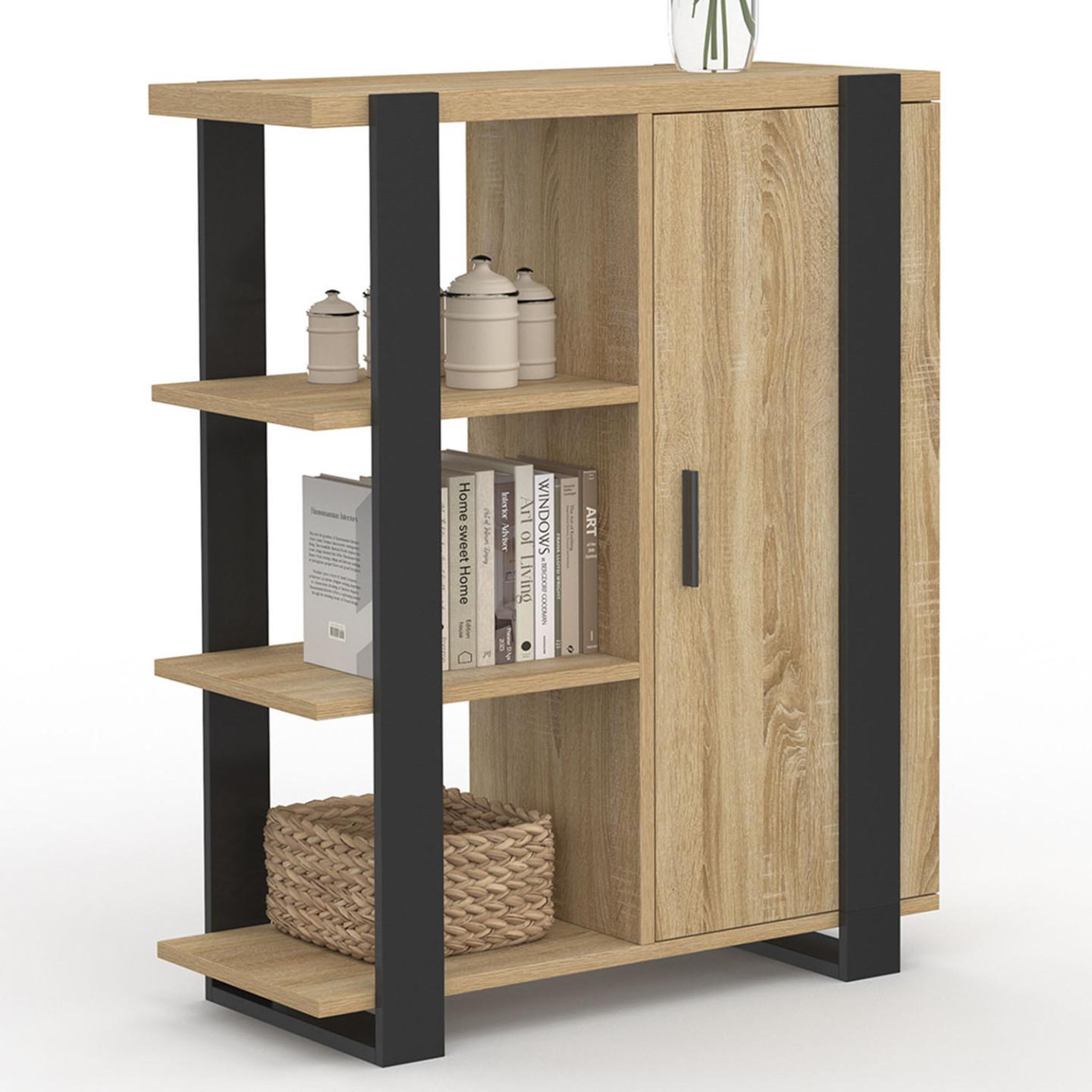 ID MARKET Buffet d'appoint 3 étagères et placard 70 cm phoenix bois et noir
