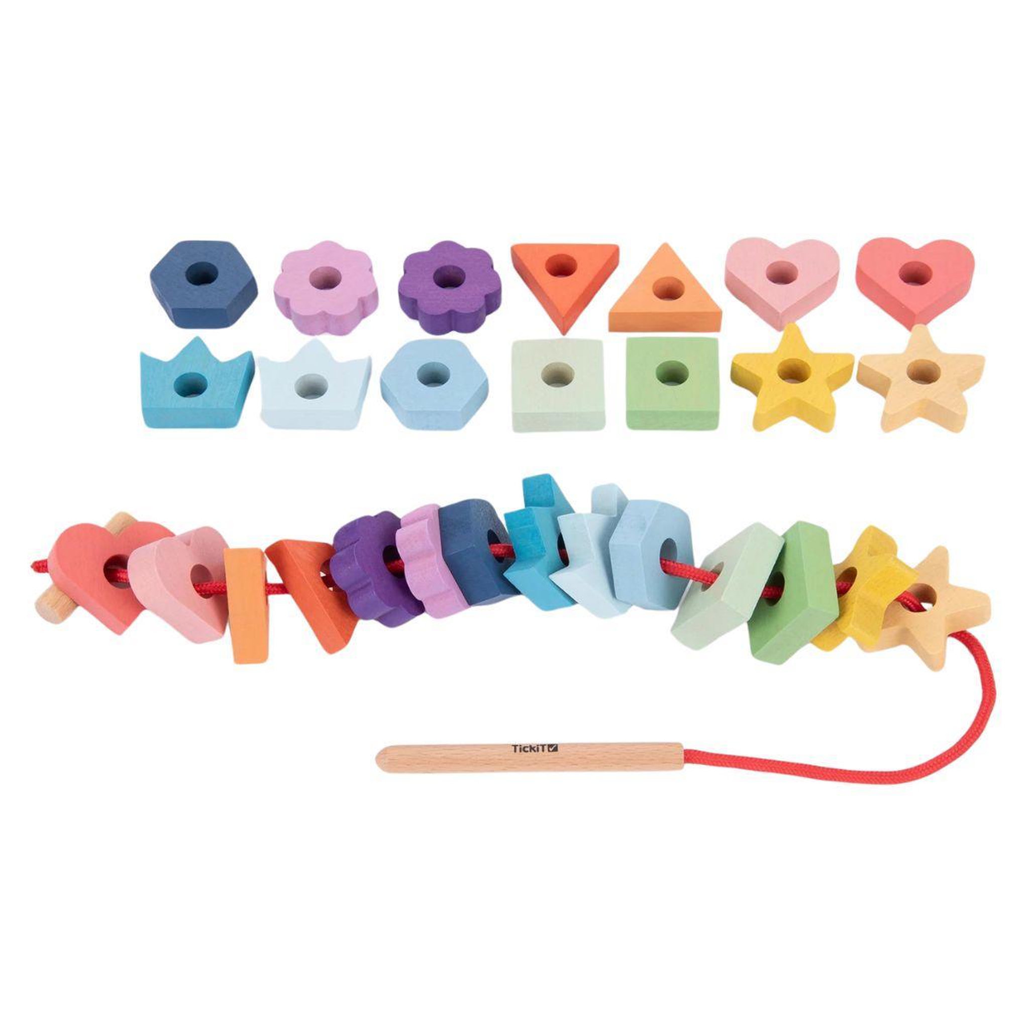 Voir la diapositive 1 : TICKIT Formes de lacage en bois arc-en-ciel  28 pieces et 1 lacet