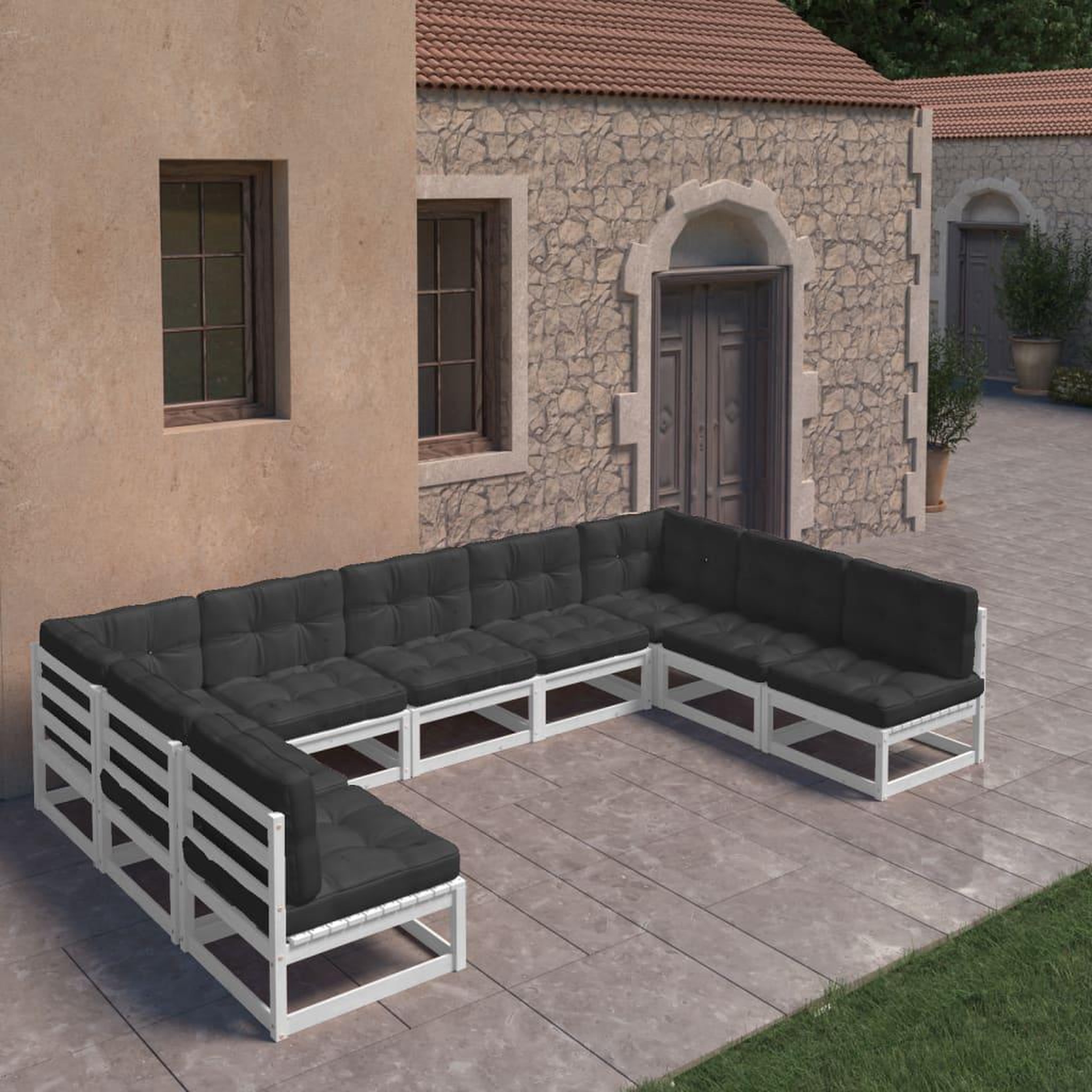 Voir la diapositive 1 : VIDAXL Salon de jardin 9 pcs avec coussins Blanc Bois de pin massif