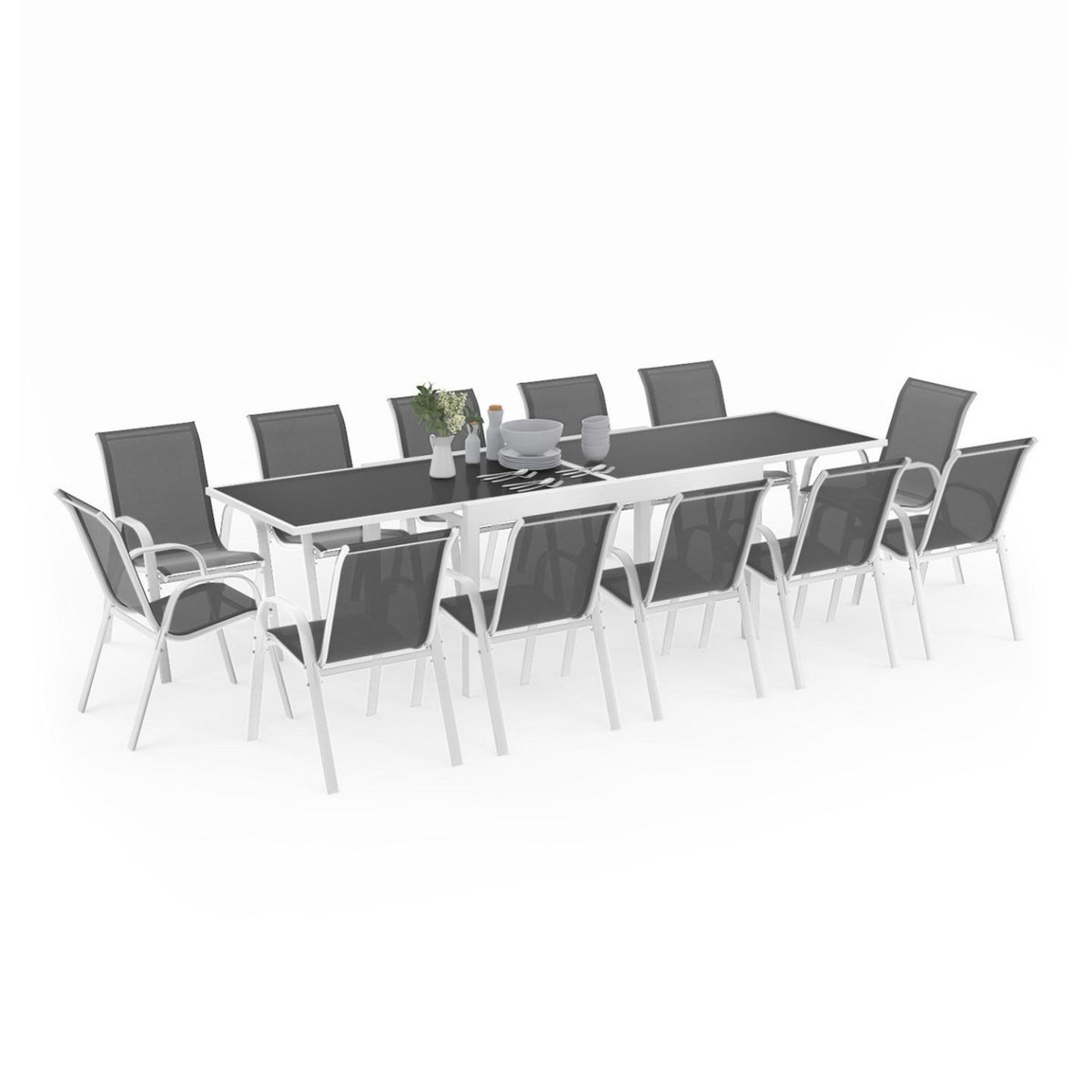 ID MARKET Salon de jardin MADRID table extensible 135-270 CM et 12 chaises empilables blanc et gris