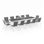 ID MARKET Salon de jardin MADRID table extensible 135-270 CM et 12 chaises empilables blanc et gris
