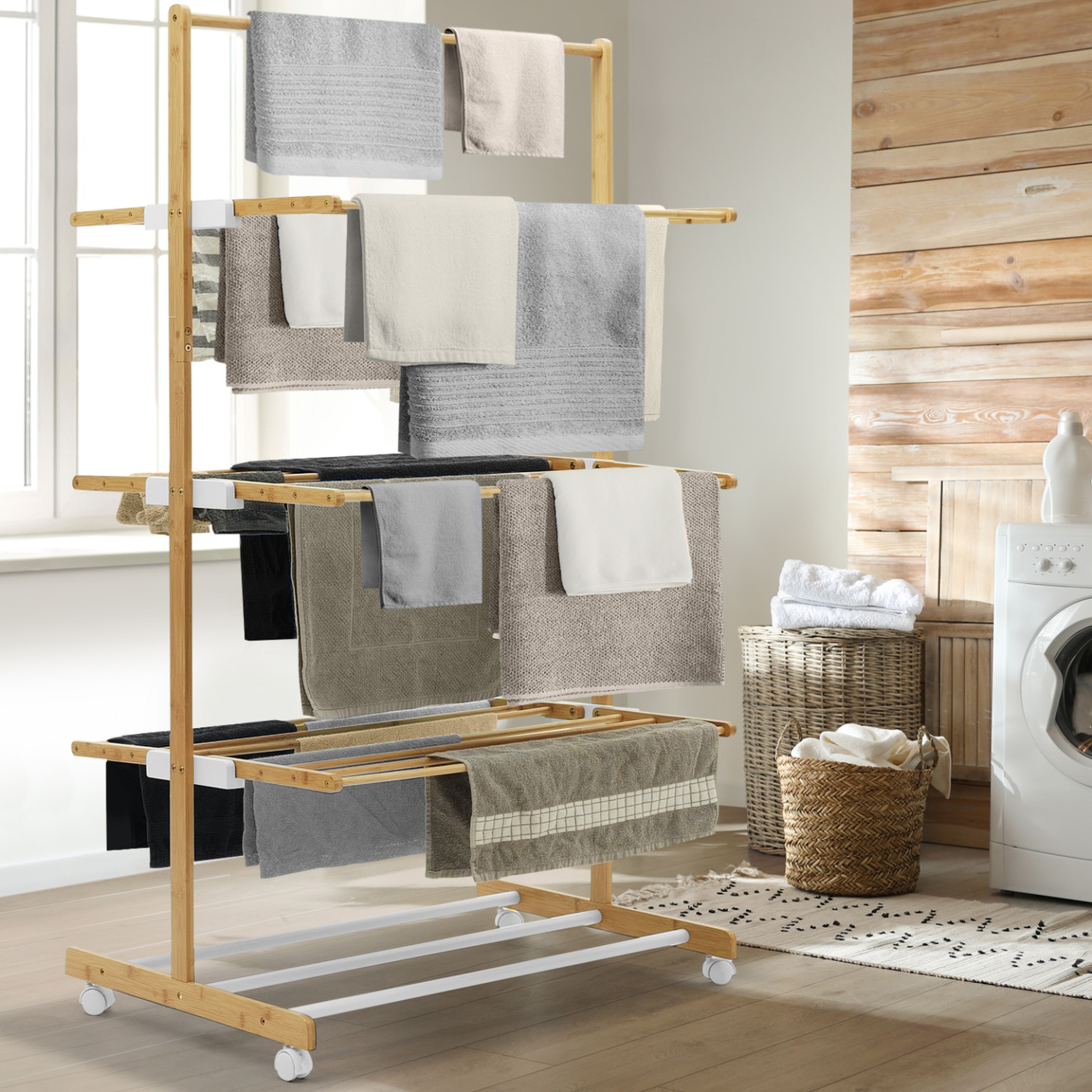 Voir la diapositive 2 : ID MARKET Séchoir à linge pliable 3 niveaux rita capacité 22m en bambou