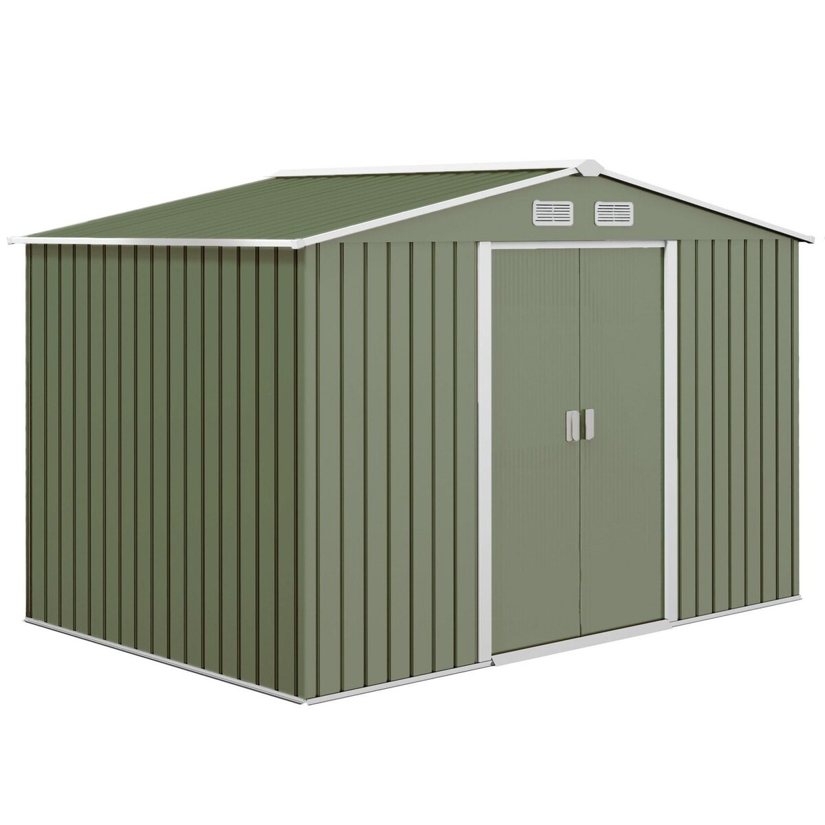OUTSUNNY Abri de jardin - remise pour outils - cabanon double porte coulissante - fondation incluse - dim. 277L x 191l x 192H cm - tôle d'acier ondulée vert clair