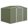 Voir la diapositive 1 : OUTSUNNY Abri de jardin - remise pour outils - cabanon double porte coulissante - fondation incluse - dim. 277L x 191l x 192H cm - tôle d'acier ondulée vert clair