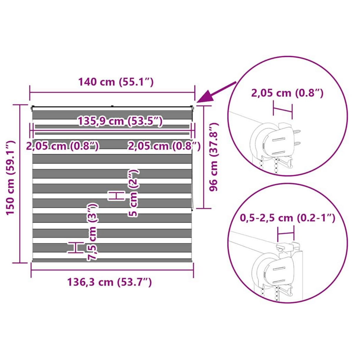 VIDAXL Store zebre gris fonce largeur du tissu 135,9 cm polyester