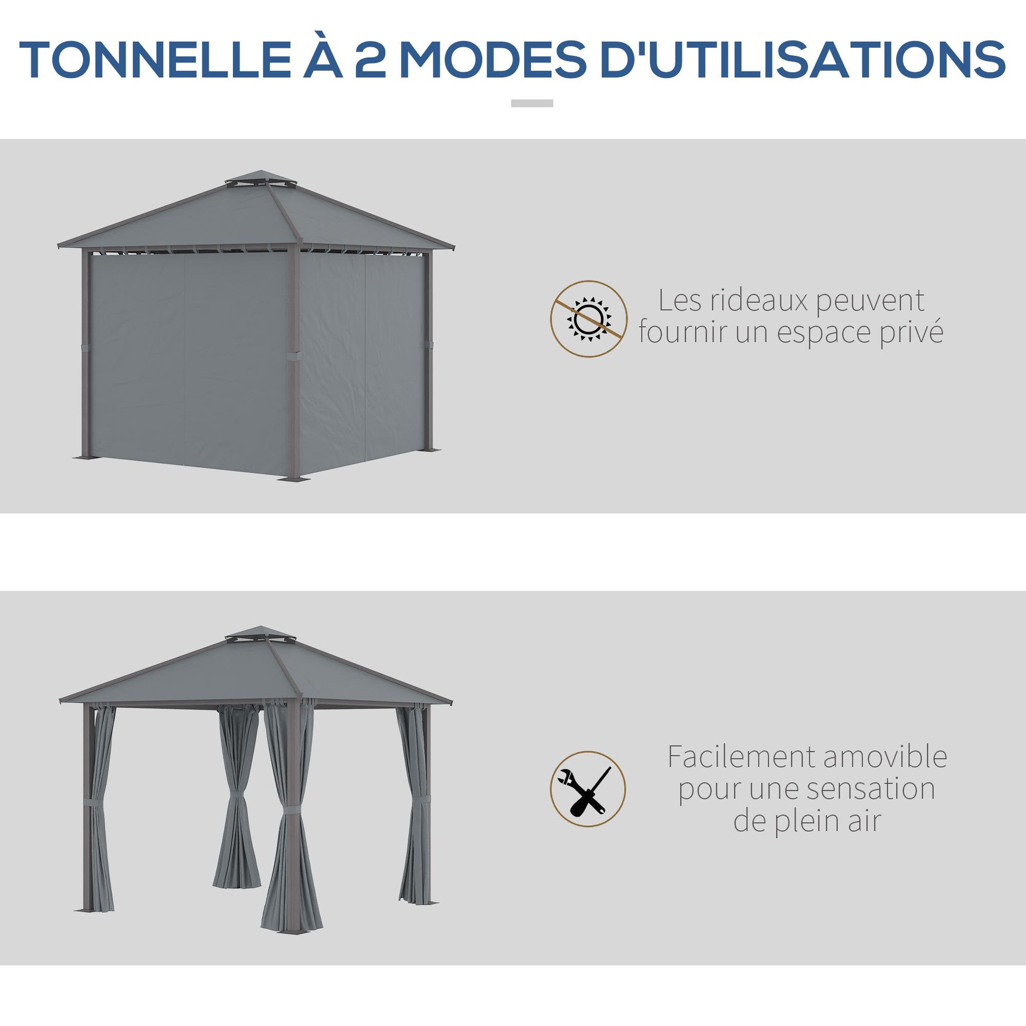 Voir la diapositive 5 : OUTSUNNY Pavillon de jardin style contemporain - barnum avec rideaux - dim. 2,96L x 2,96l x 2,8H m - alu. polyester gris