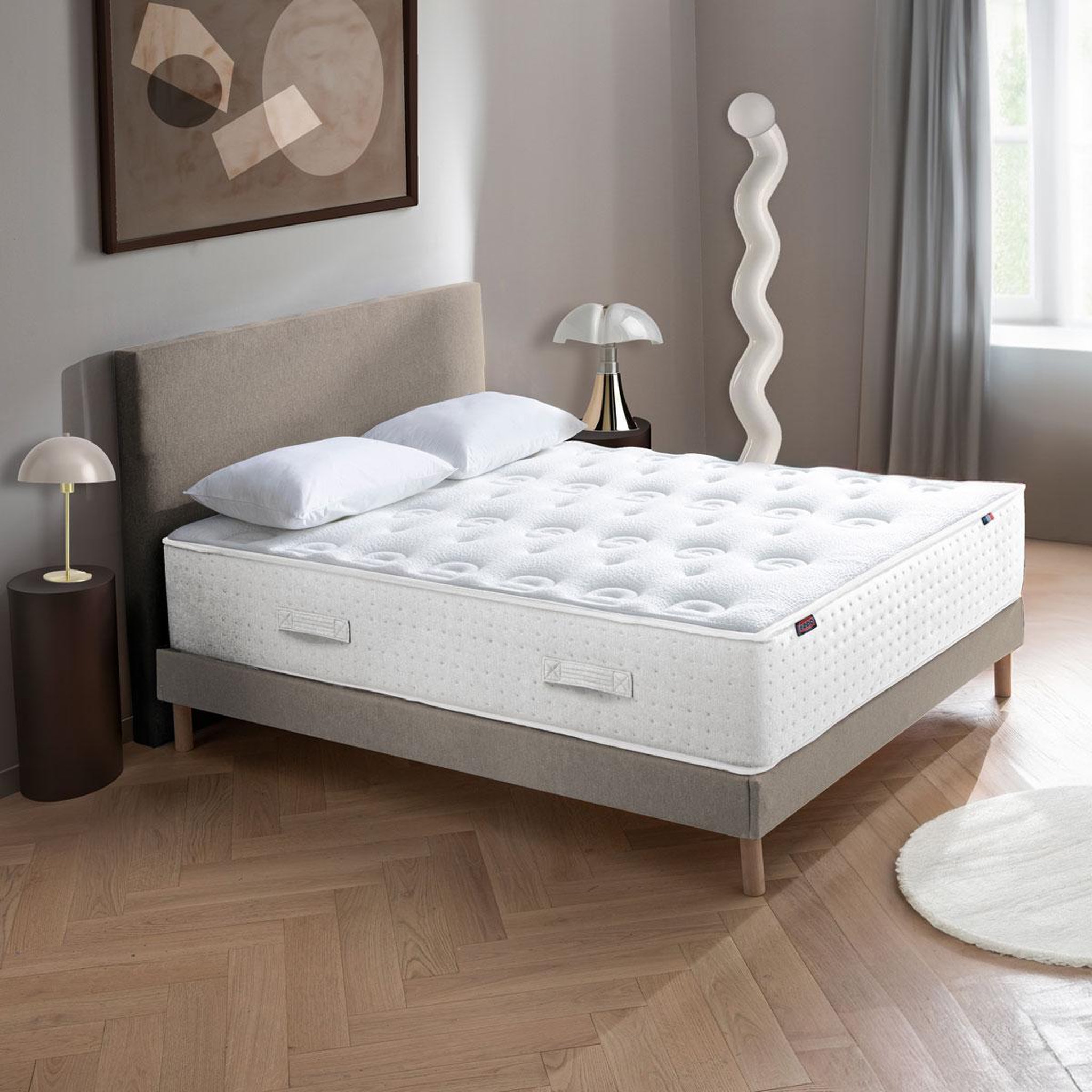 Voir la diapositive 4 : DODO Ensemble - Matelas ferme + sommier + Tête de lit Blanc/Beige LE VERITABLE