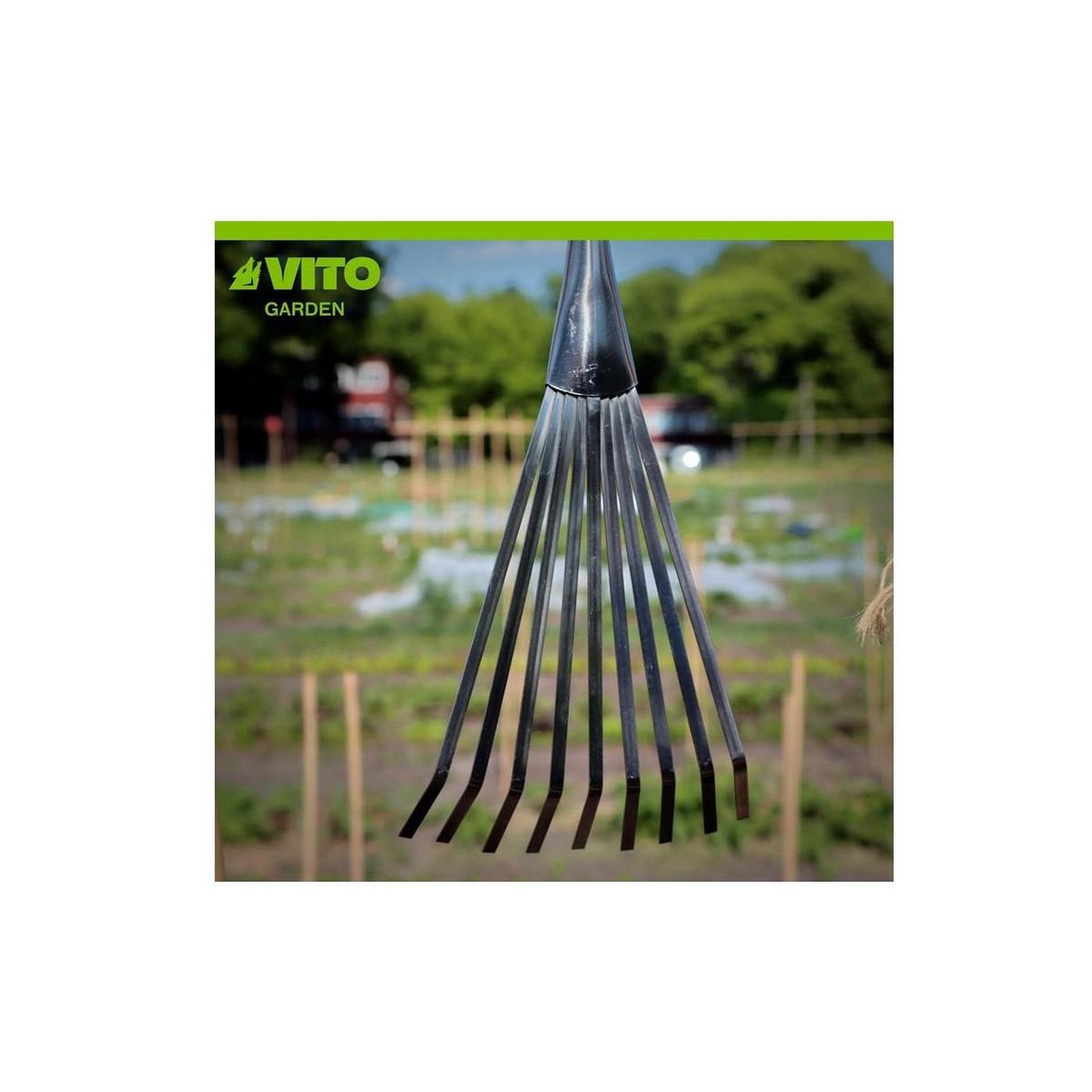 Voir la diapositive 3 : VITO Balai de jardin à gazon 8 dents 13cm manche bois inox et fer forgés à la main vito