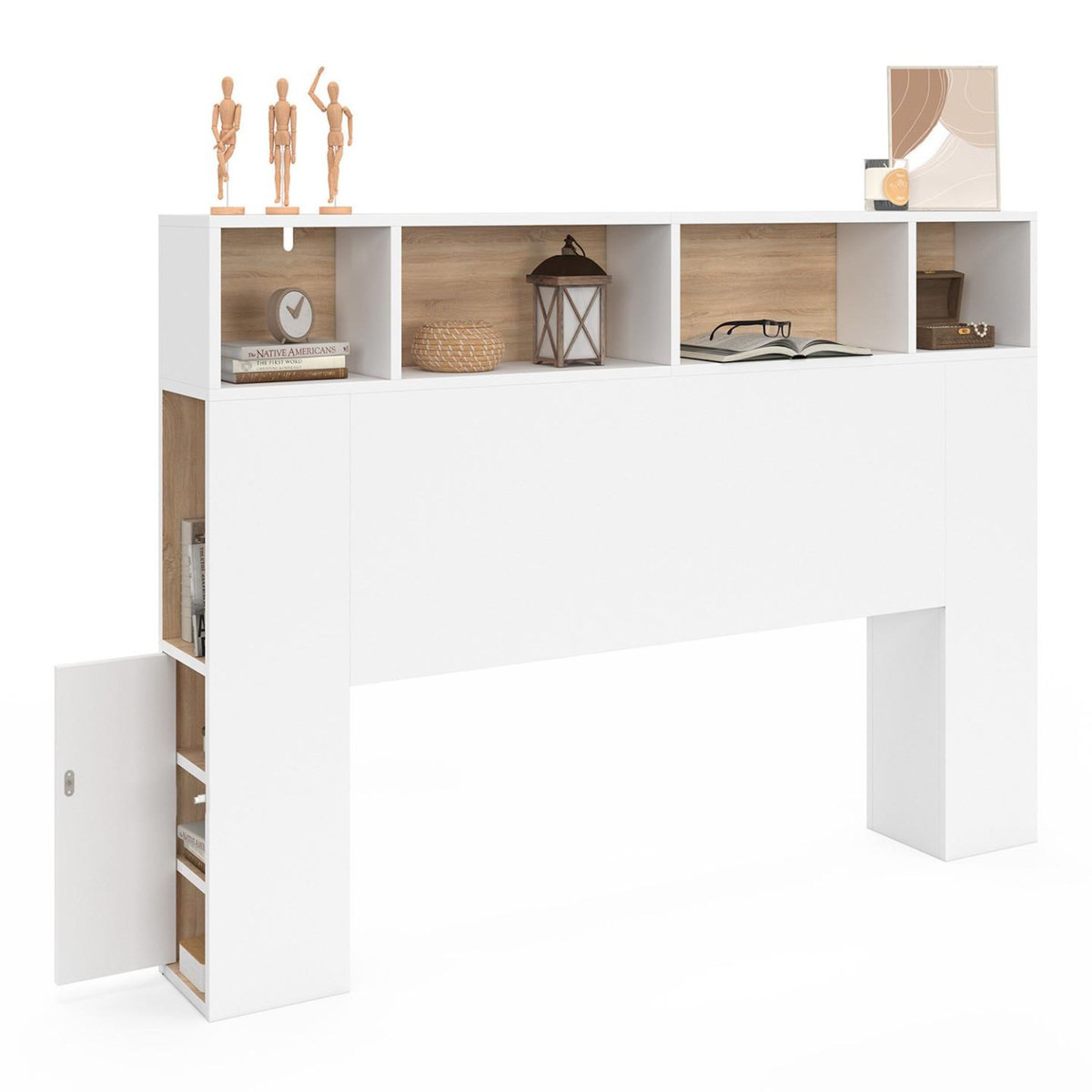 ID MARKET Tête de lit sur pied CLEO 145 cm avec rangements fermés et niches blanc et façon hêtre