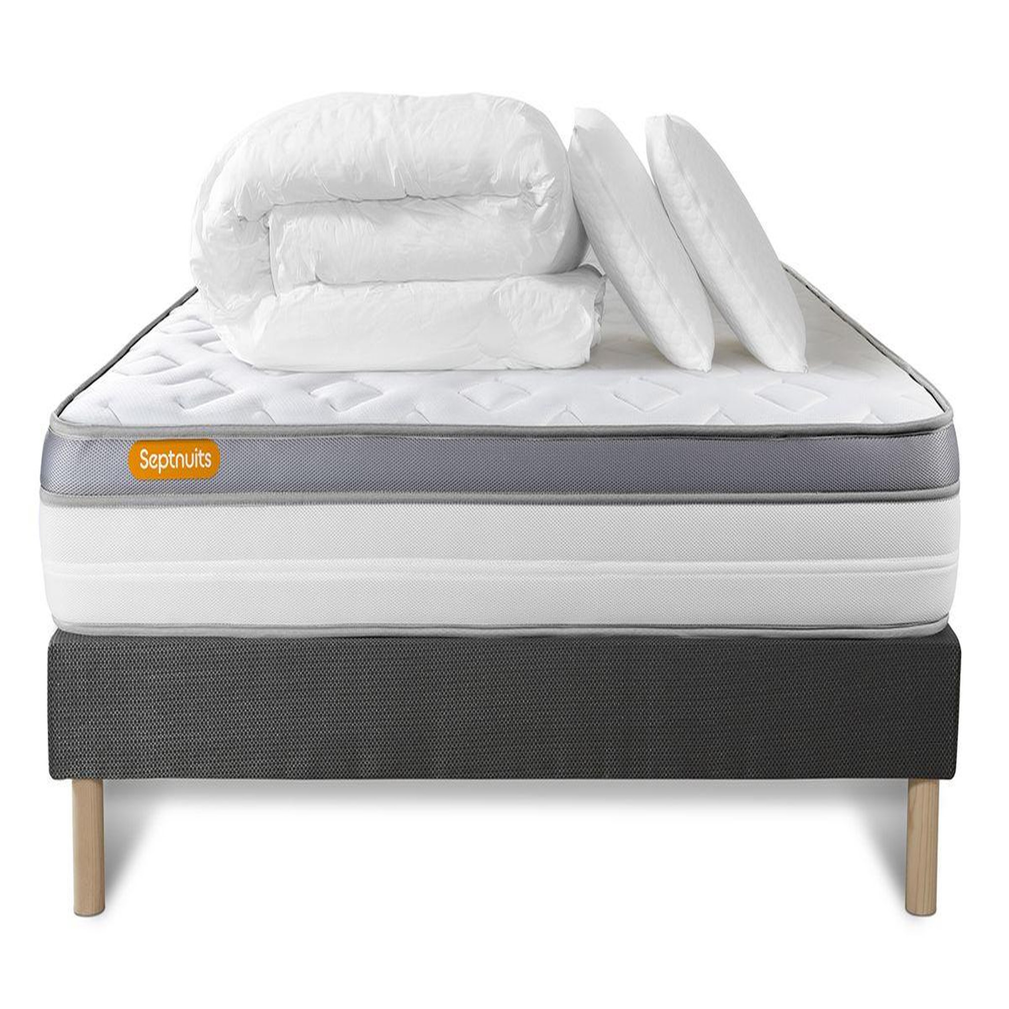 Voir la diapositive 2 : SEPTNUITS Pack matelas + sommier gris 140x190 Memo Zen Mousse à mémoire de forme 5 zones de confort MAXI épaisseur + Couette + 2 oreillers