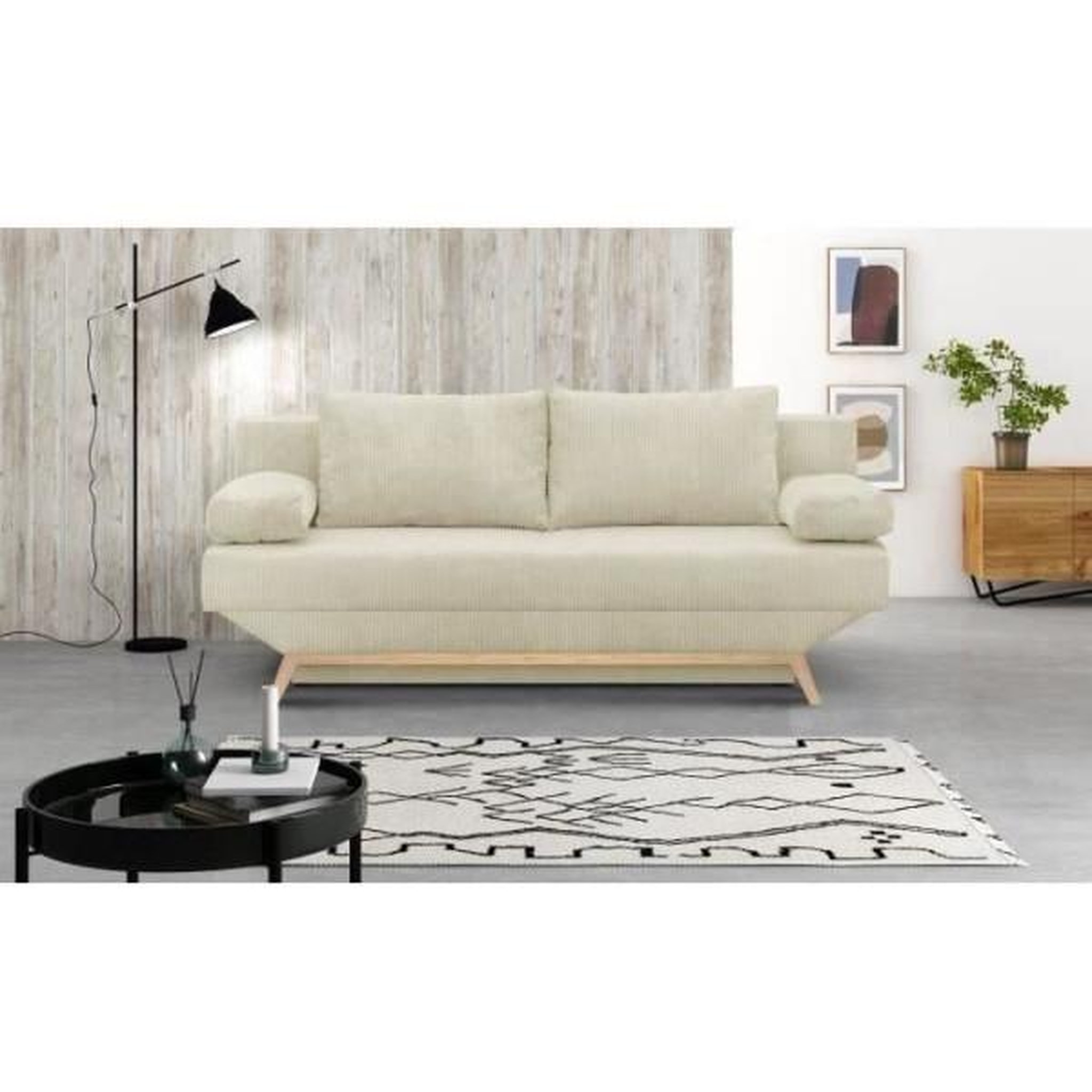 Voir la diapositive 2 : MARKET24 Banquette convertible 3 places - Coffre de rangement - Tissu velours côtelé beige - L 190 x H 92 x P 84 cm - TEIJO