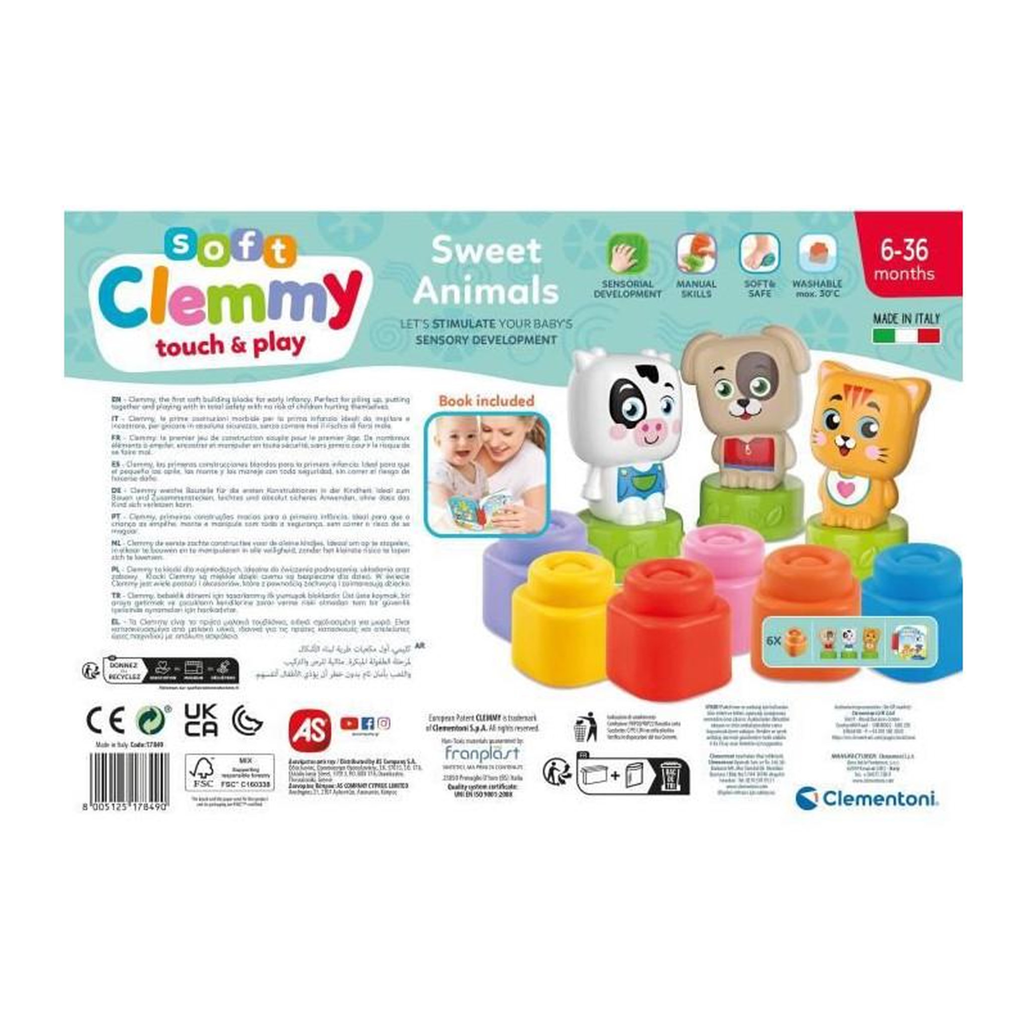 Voir la diapositive 3 : NEW BORN BABY Clementoni - Cubes & Animaux Soft Clemmy - 6 cubes + 3 personnages + Livre
