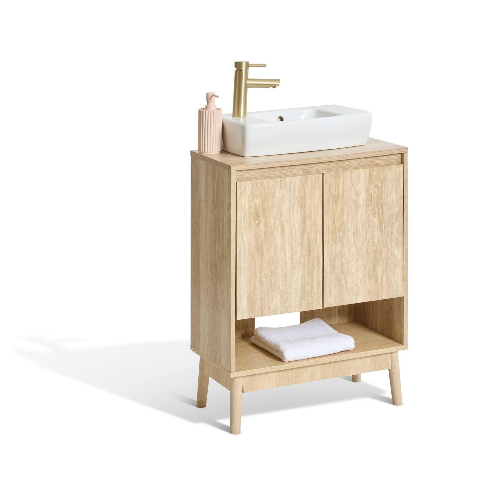 Voir la diapositive 6 : FIVE Meuble sous vasque 2 portes et 1 niche effet bois naturel abana - beige