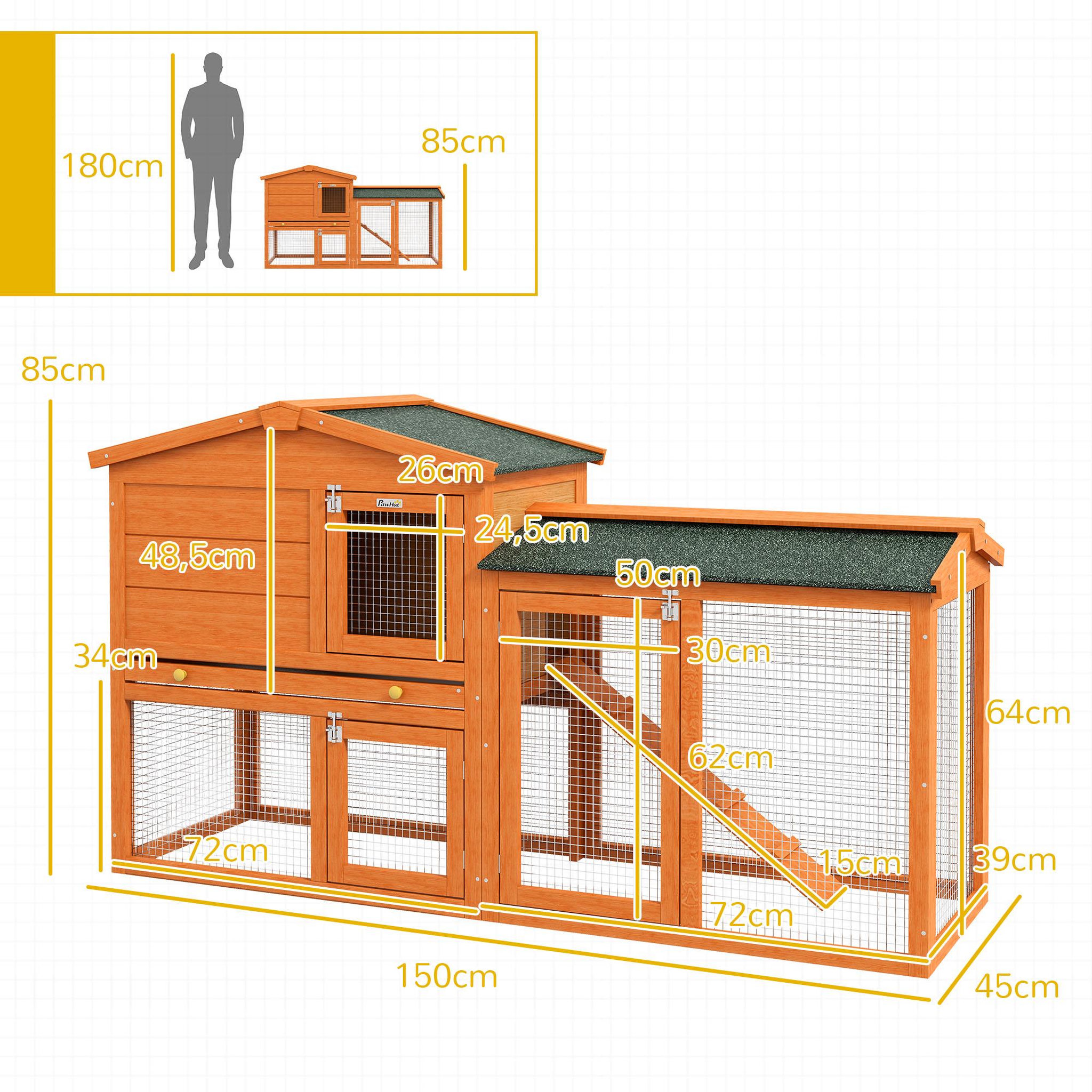 Voir la diapositive 3 : PAWHUT Clapier cage à lapins rongeurs 2 niveaux 3 portes verrouillables tiroir à déjection 145l x 45l x 85h cm bois sapin lasuré