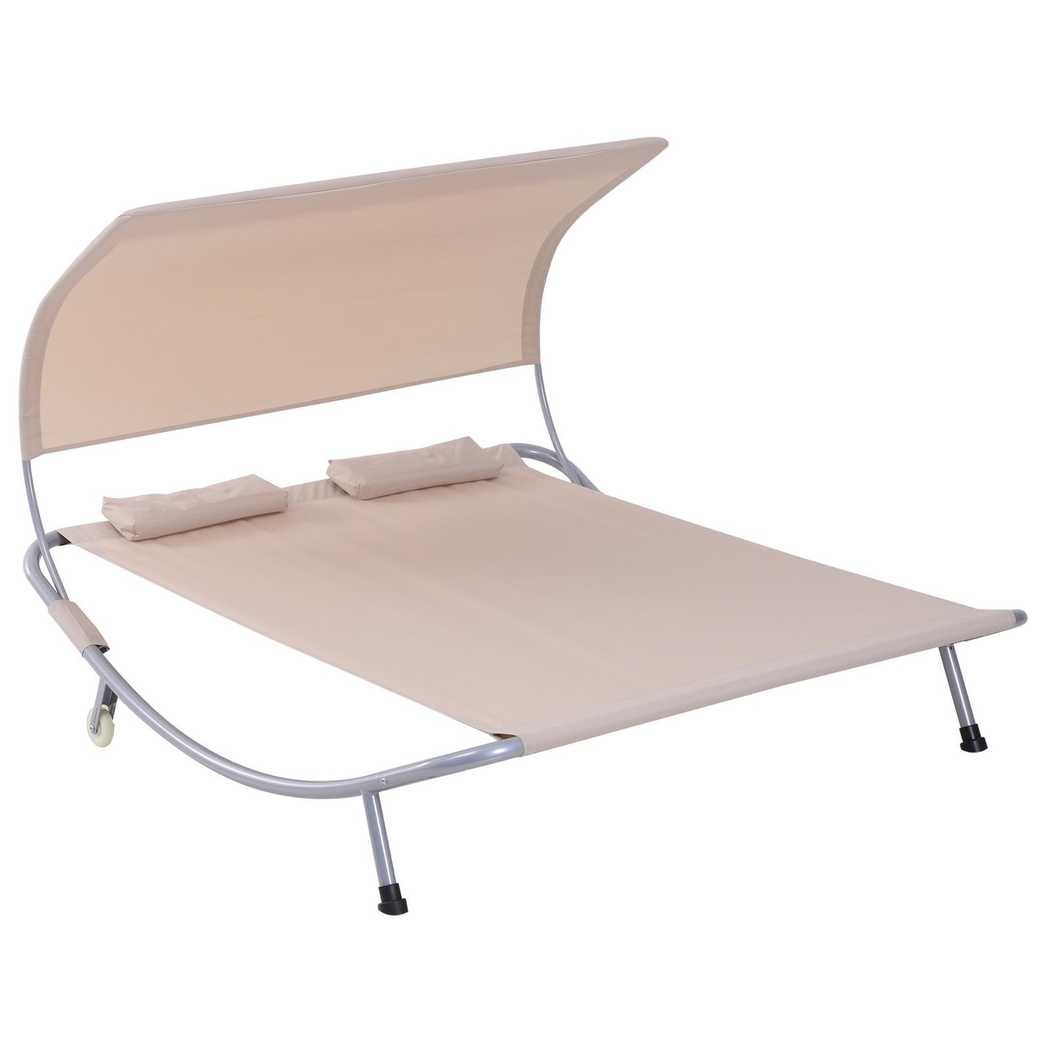 Voir la diapositive 1 : OUTSUNNY Bain de soleil 2 places lit de jardin design contemporain toit réglable 2 roulettes 2 oreillers acier époxy polyester sable