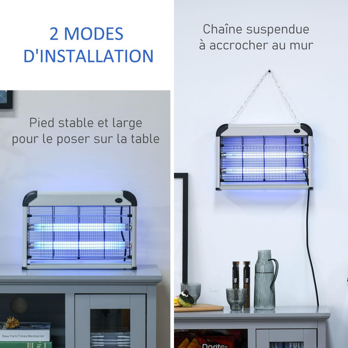 OUTSUNNY Lampe UV anti-insectes anti moustique tue mouche électrique destructeur d'insectes 20 W noir gris