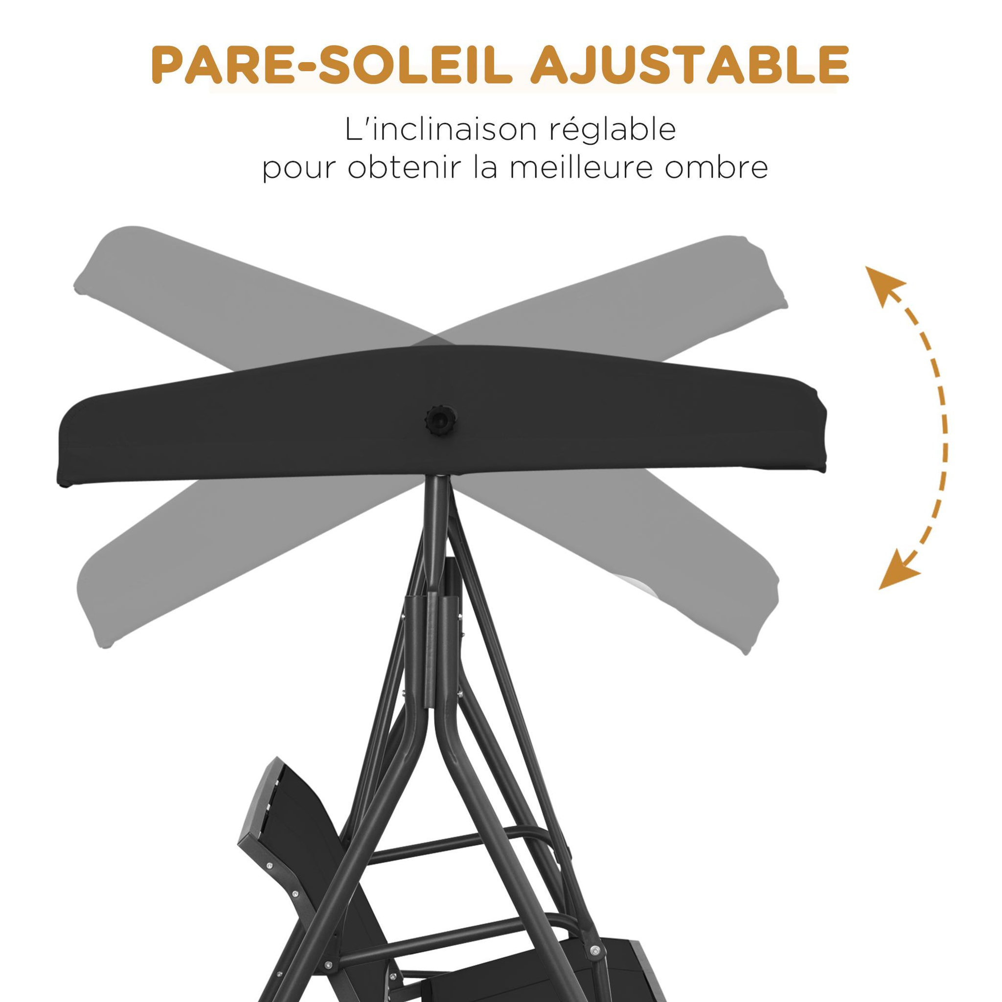 Voir la diapositive 5 : OUTSUNNY Balancelle de jardin 3 places grand confort toit inclinaison réglable assise et dossier ergonomique acier époxy textilène noir