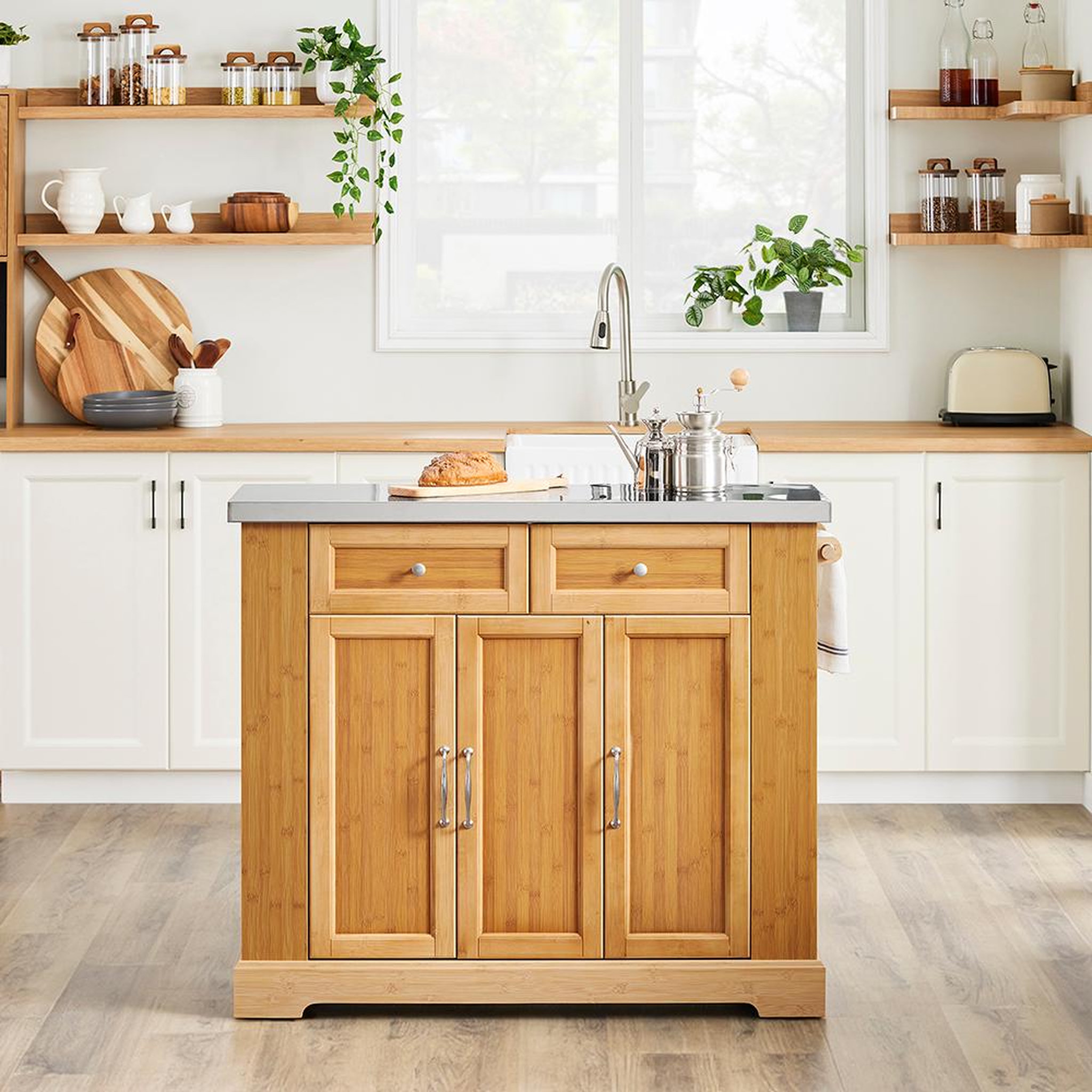 Voir la diapositive 2 : SOBUY SoBuy - Îlot De Cuisine à deux tiroirs - Couleur Bois - 107x43x92.5cm - Rustique - FKW130-N