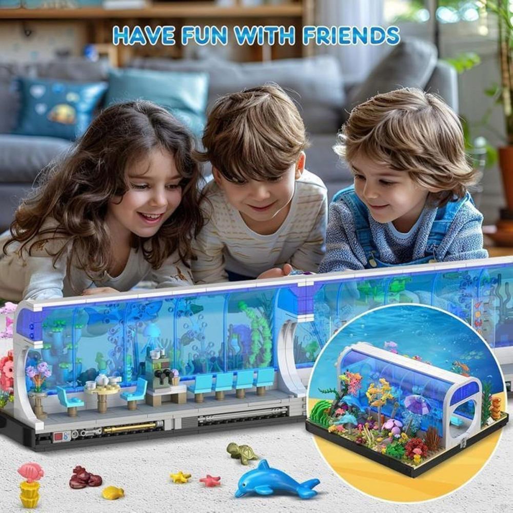 Voir la diapositive 3 : Set de construction aquarium 2 en 1 avec océanarium pivotant et animaux marins, 1 316 pièces ABS