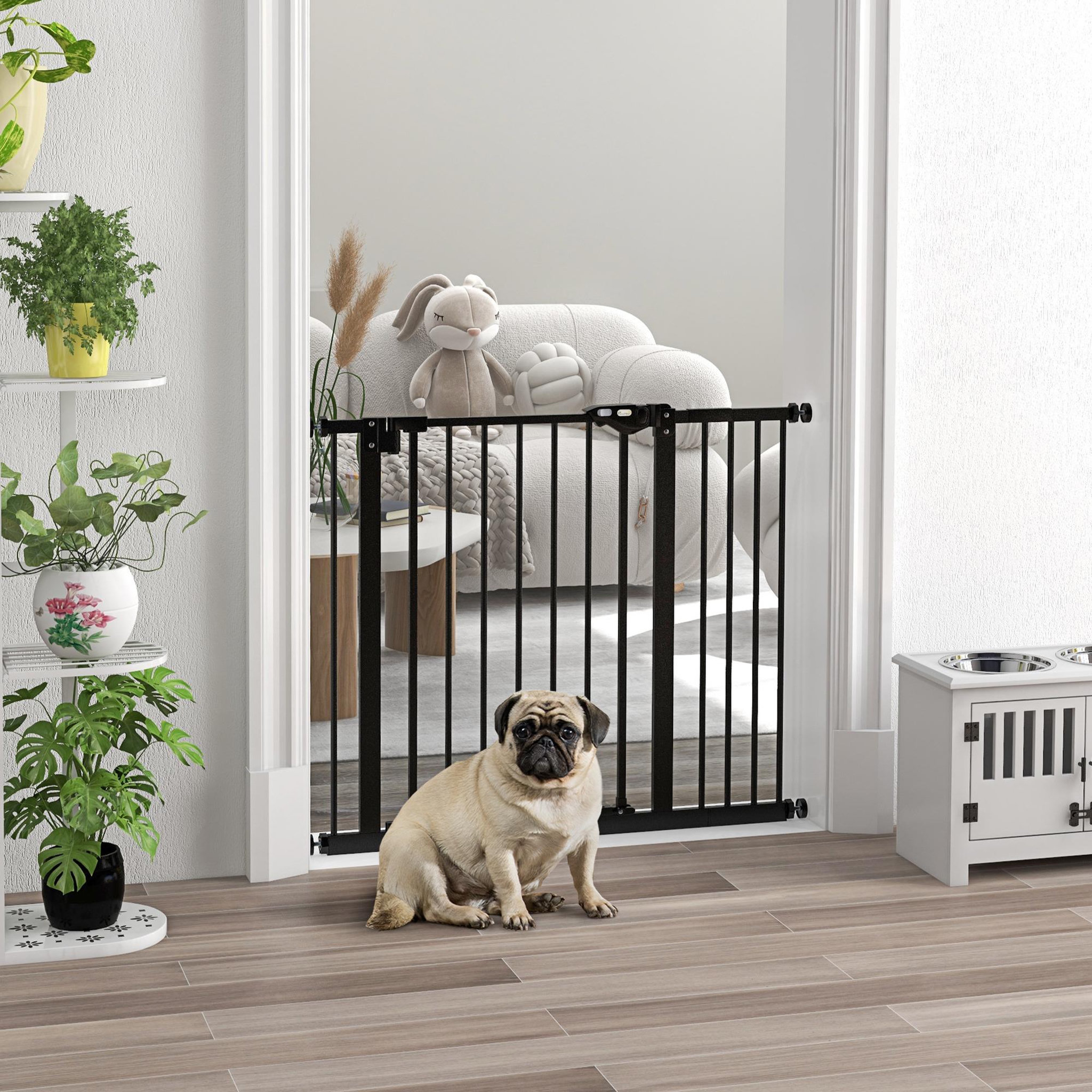 Voir la diapositive 2 : PAWHUT Barrière de sécurité chien - porte double verrouillage - l.94 cm max. - sans perçage - métal noir