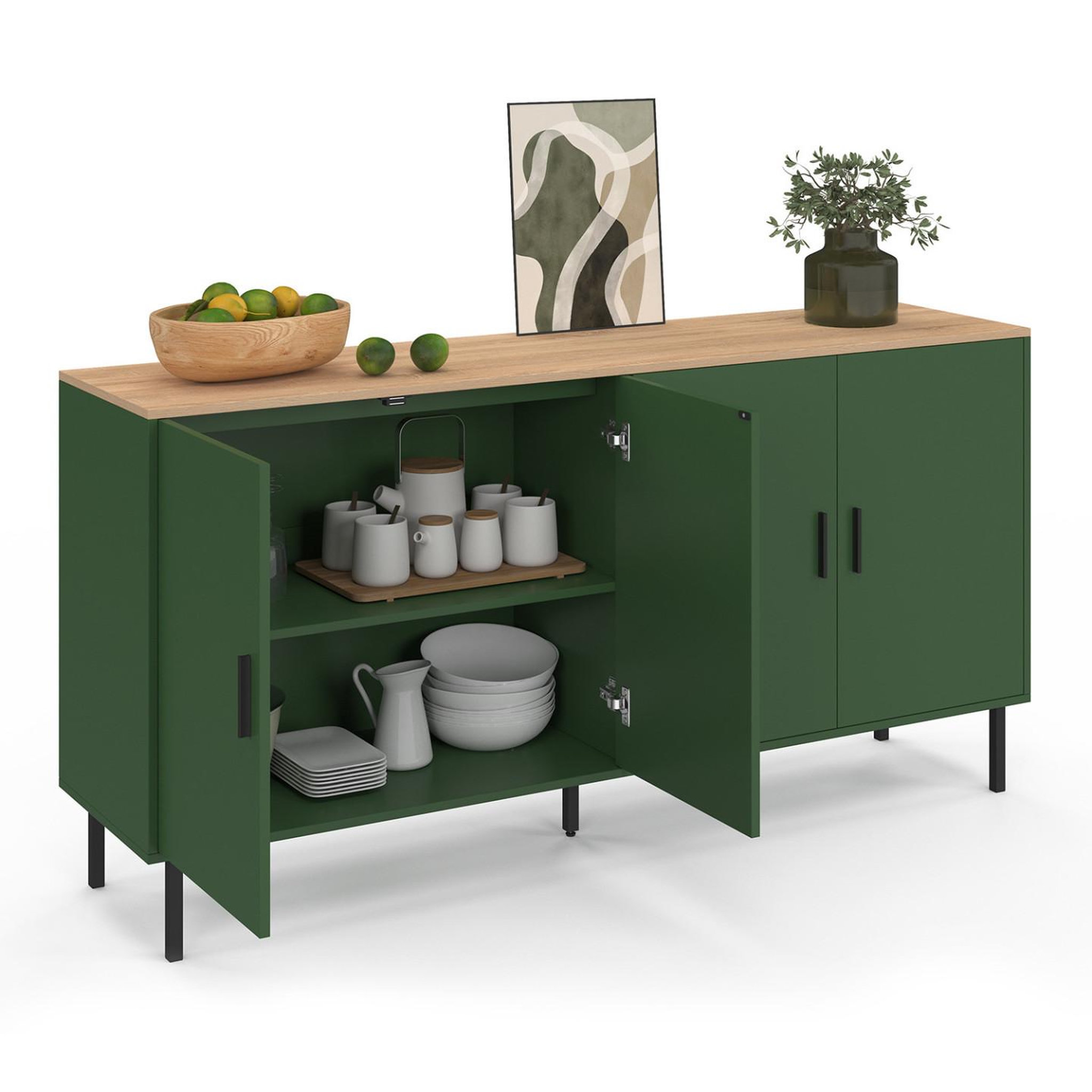 Voir la diapositive 4 : ID MARKET Buffet 160 cm kelia 4 portes vert kaki et plateau bois