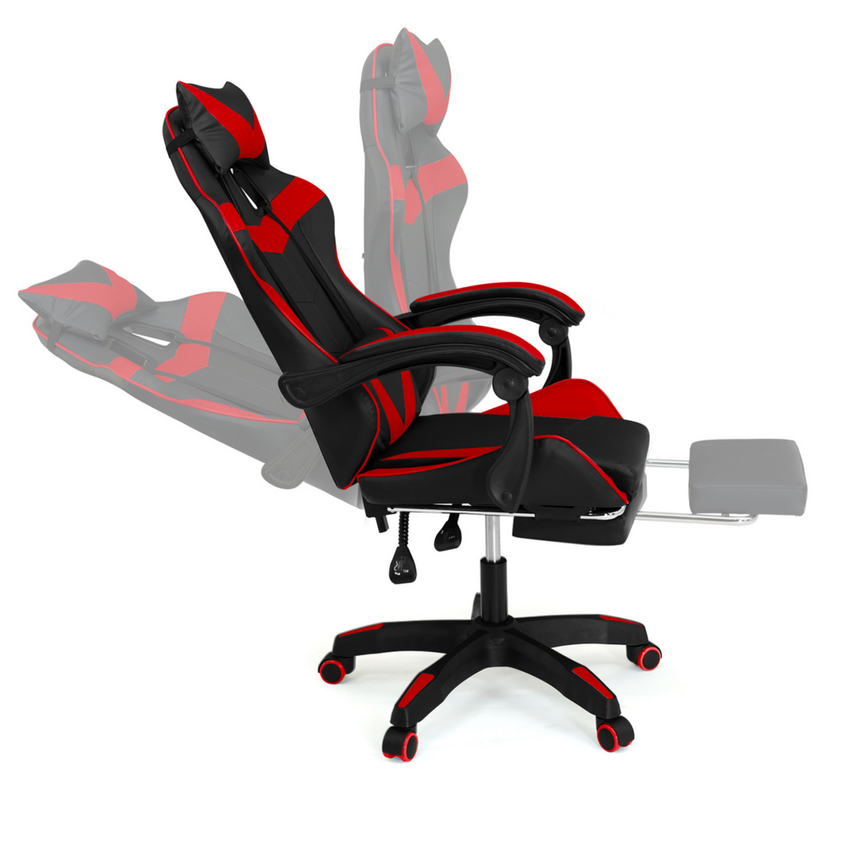 ID MARKET Fauteuil de gaming ALEX réglable avec repose-pied, coussin de tête et coussin lombaire noir et rouge