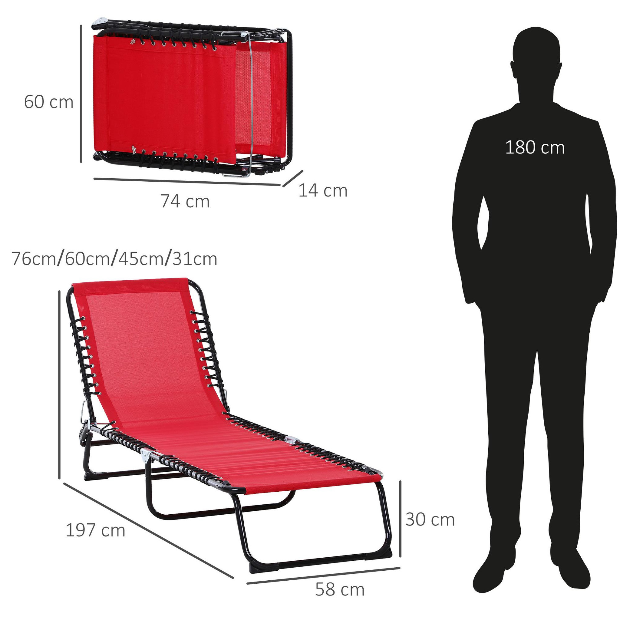 Voir la diapositive 3 : OUTSUNNY Bain de soleil transat pliable dossier inclinable multi-positions acier thermoplastique lacets élastiques noir textilène rouge
